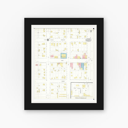 Old map wall art mockup — black gallery frame with white mat — Sanborn Fire Insurance Map from Sanborn, O'Brien County, Iowa (1916), Sheet #0002
