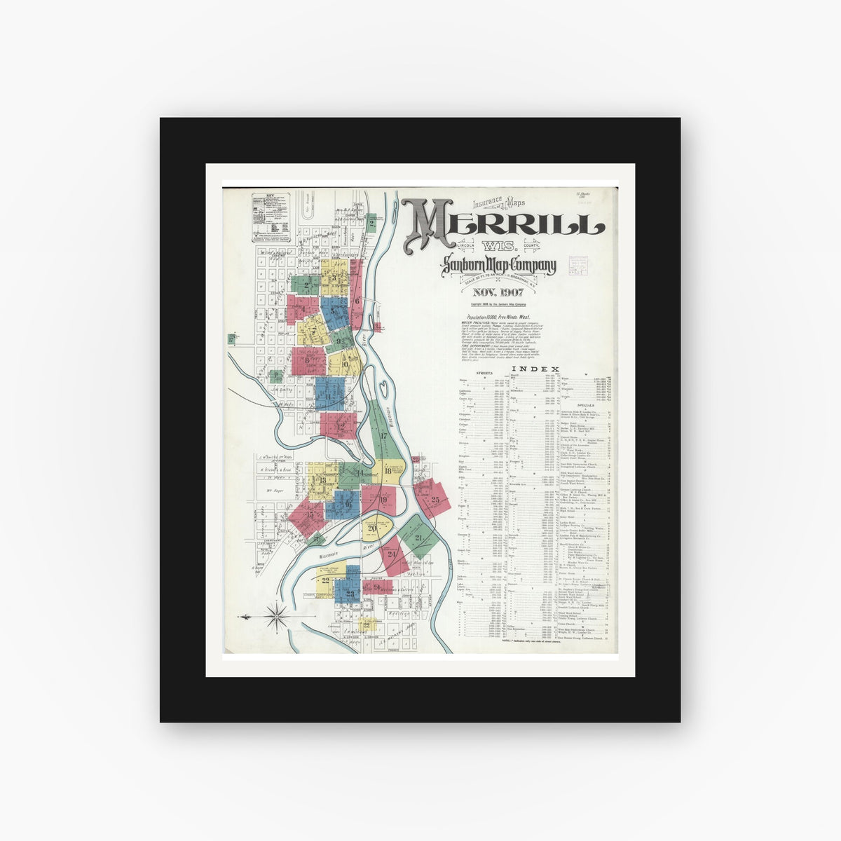 Old map wall art mockup — black gallery frame with white mat — Sanborn Fire Insurance Map from Merrill, Lincoln County, Wisconsin (1907) - Complete Map Set