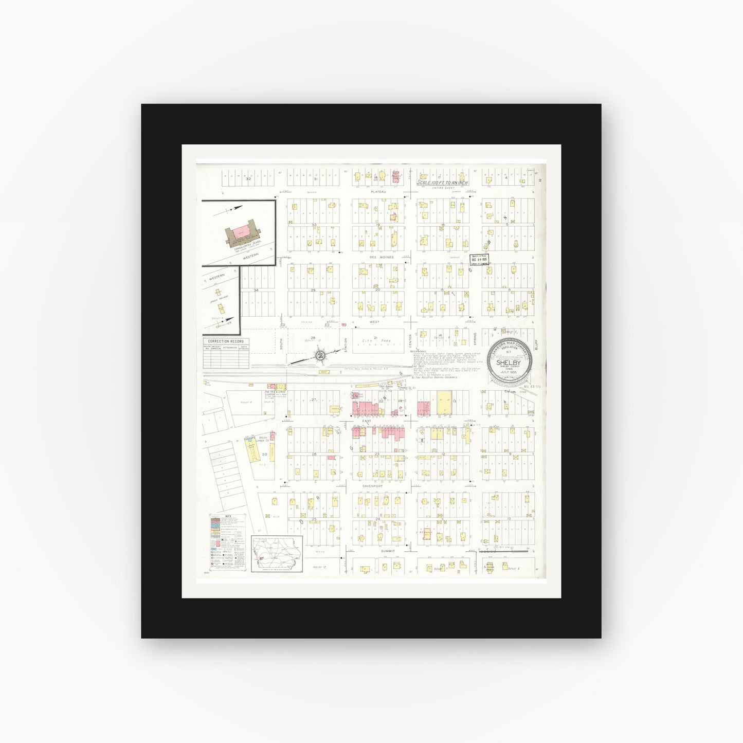 Old map wall art mockup — black gallery frame with white mat — Sanborn Fire Insurance Map from Shelby, Shelby County, Iowa (1935), Sheet #0001