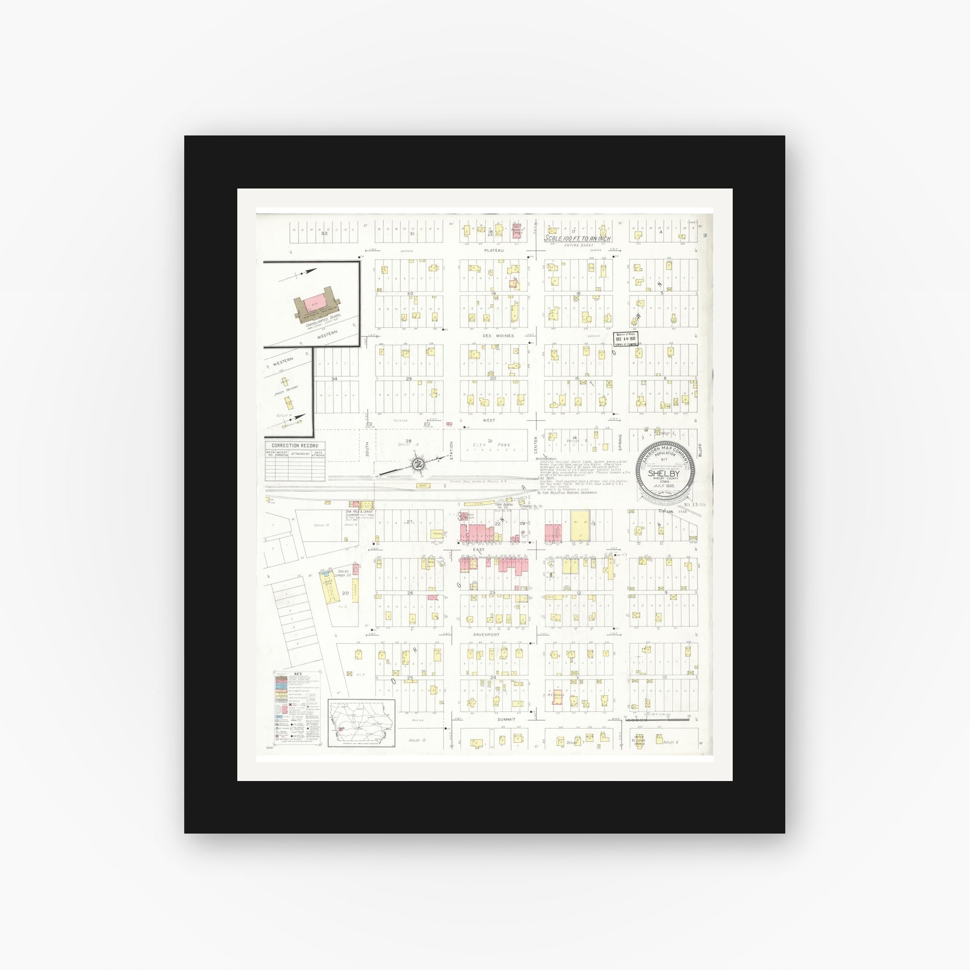 Old map wall art mockup — black gallery frame with white mat — Sanborn Fire Insurance Map from Shelby, Shelby County, Iowa (1935), Sheet #0001