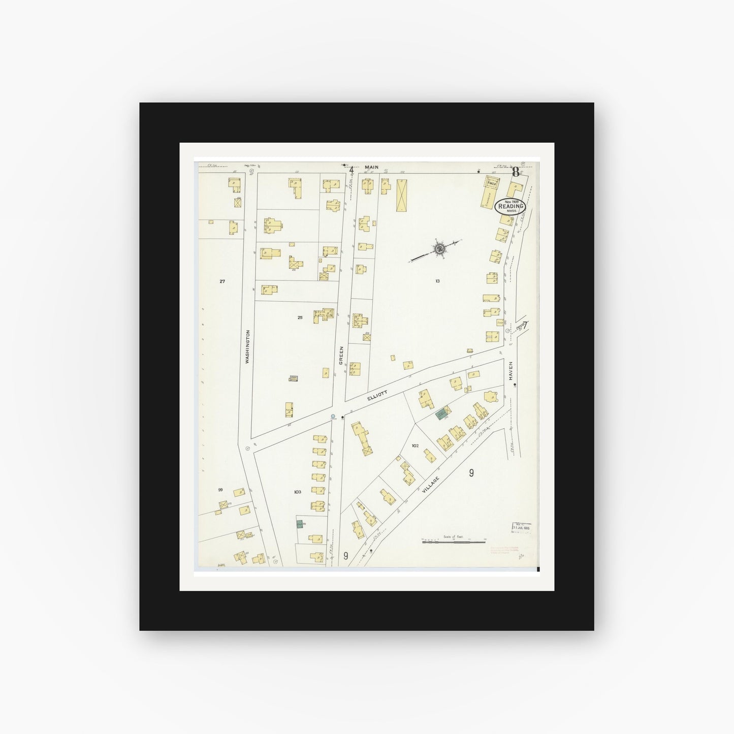 Old map wall art mockup — black gallery frame with white mat — Sanborn Fire Insurance Map from Reading, Middlesex County, Massachusetts (1909), Sheet #0008