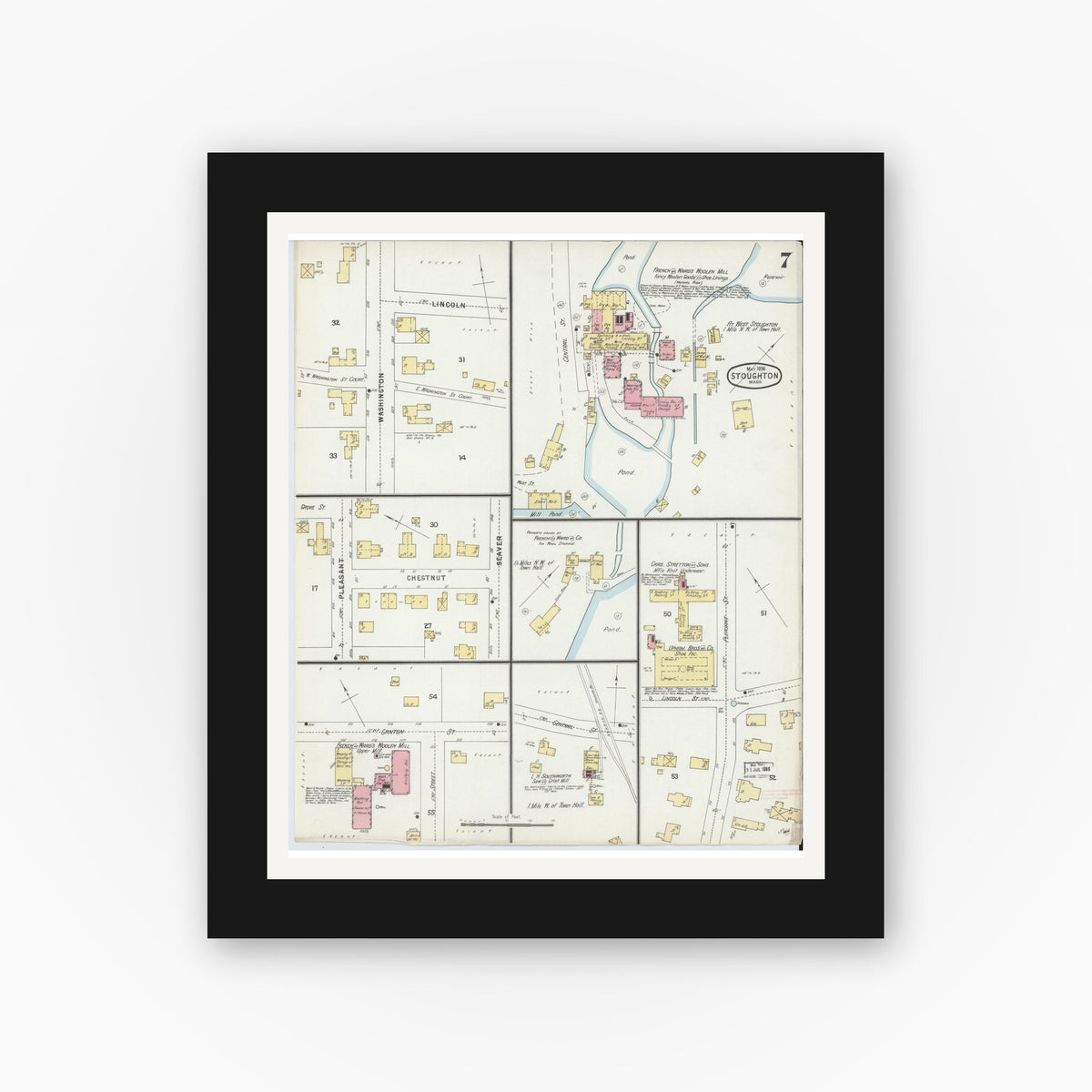 Old map wall art mockup — black gallery frame with white mat — Sanborn Fire Insurance Map from Stoughton, Norfolk County, Massachusetts (1896), Sheet #0007