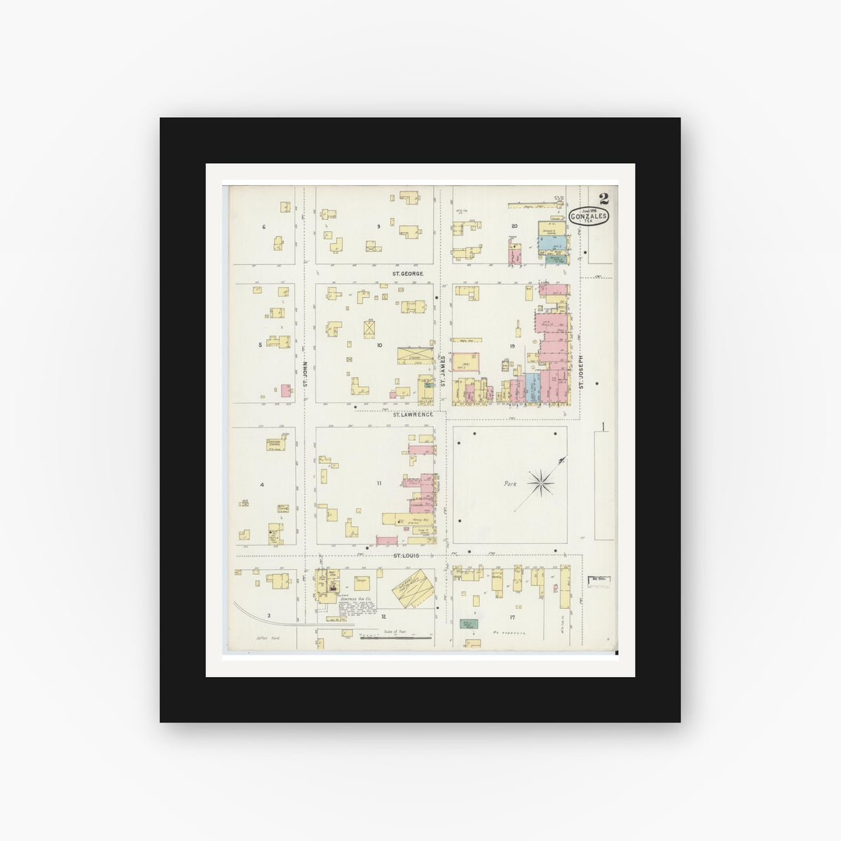 Old map wall art mockup — black gallery frame with white mat — Sanborn Fire Insurance Map from Gonzales, Gonzales County, Texas (1896), Sheet #0002