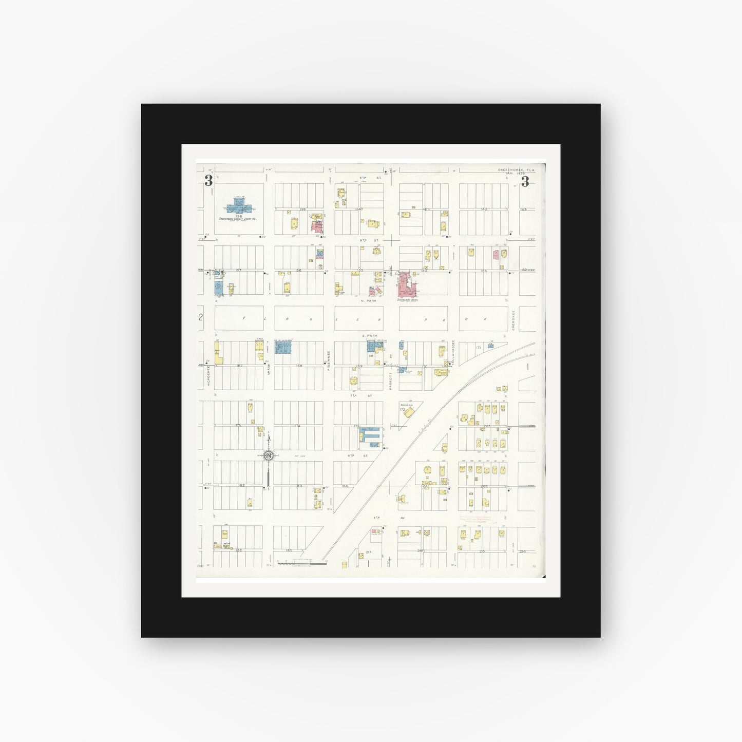 Old map wall art mockup — black gallery frame with white mat — Sanborn Fire Insurance Map from Okeechobee, Okeechobee County, Florida (1933), Sheet #0003