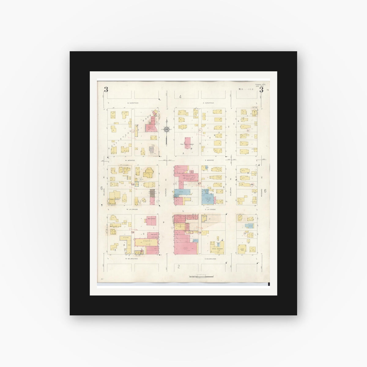Old map wall art mockup — black gallery frame with white mat — Sanborn Fire Insurance Map from Tomah, Monroe County, Wisconsin (1944), Sheet #0003