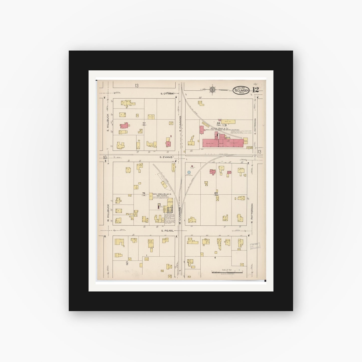 Old map wall art mockup — black gallery frame with white mat — Sanborn Fire Insurance Map from Tecumseh, Lenawee County, Michigan (1922), Sheet #0012