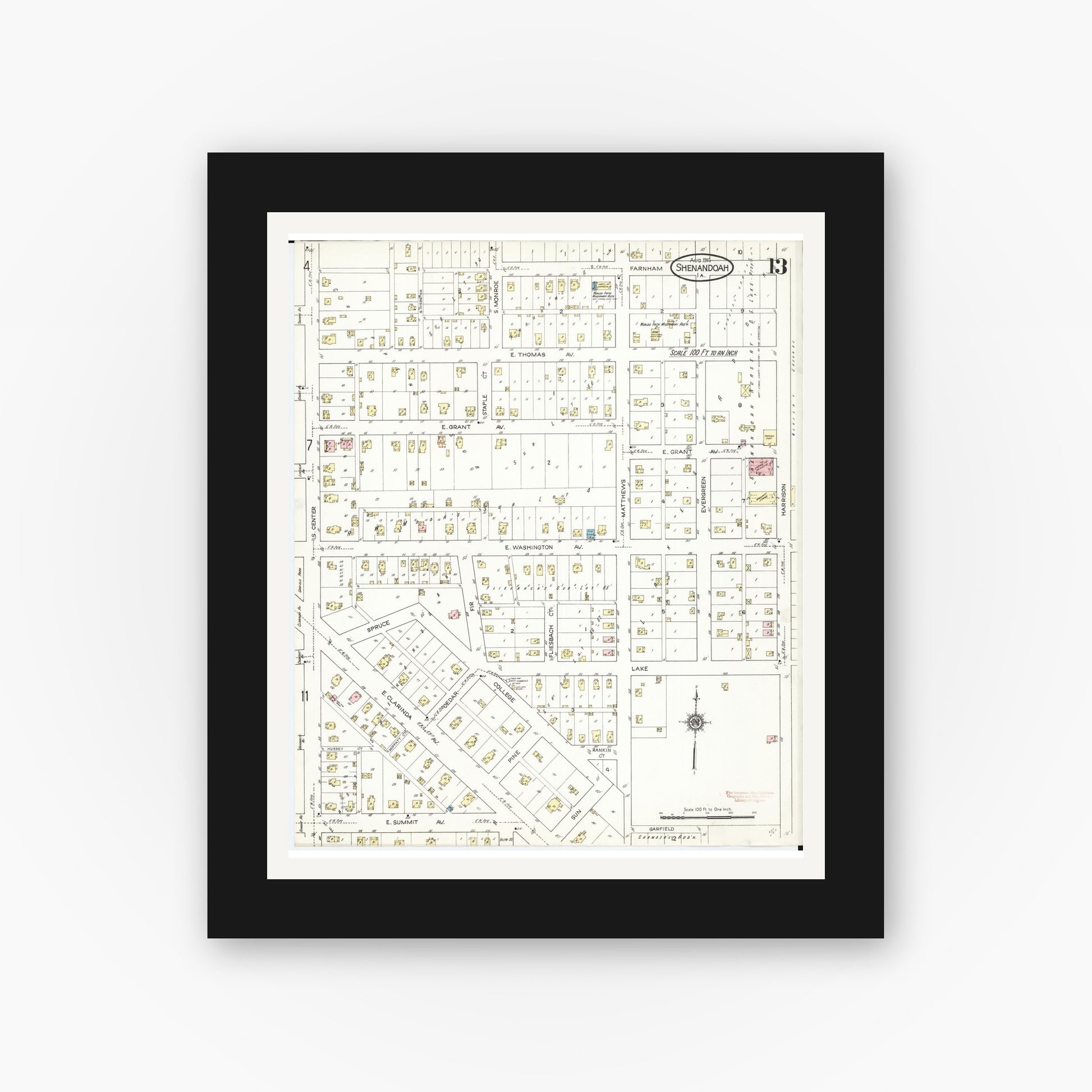 Old map wall art mockup — black gallery frame with white mat — Sanborn Fire Insurance Map from Shenandoah, Page County, Iowa (1914), Sheet #0013