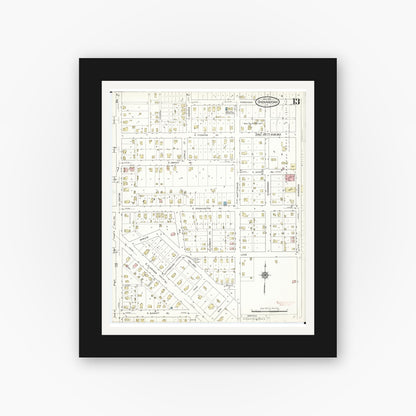 Old map wall art mockup — black gallery frame with white mat — Sanborn Fire Insurance Map from Shenandoah, Page County, Iowa (1914), Sheet #0013