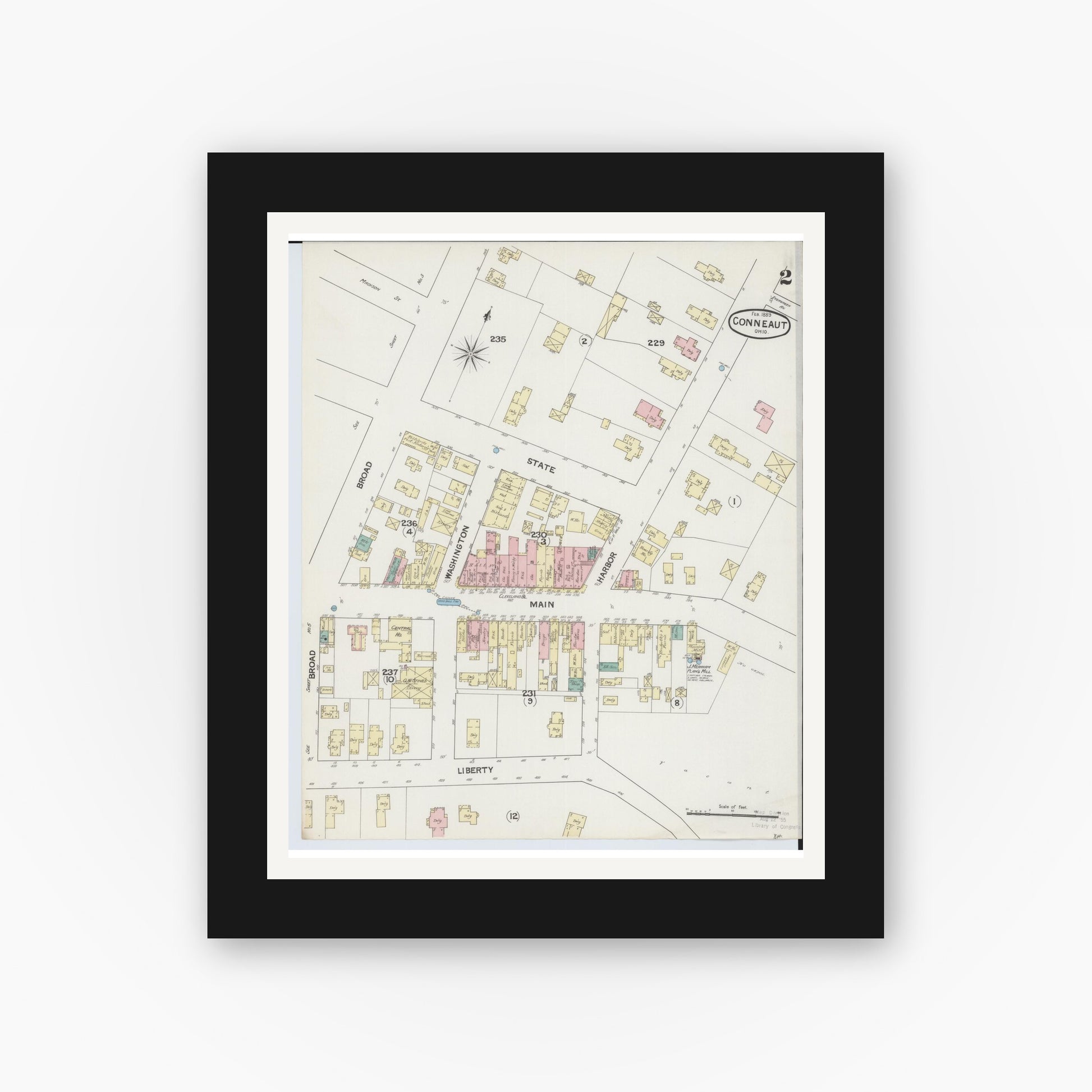 Old map wall art mockup — black gallery frame with white mat — Sanborn Fire Insurance Map from Conneaut, Ashtabula County, Ohio (1889), Sheet #0002