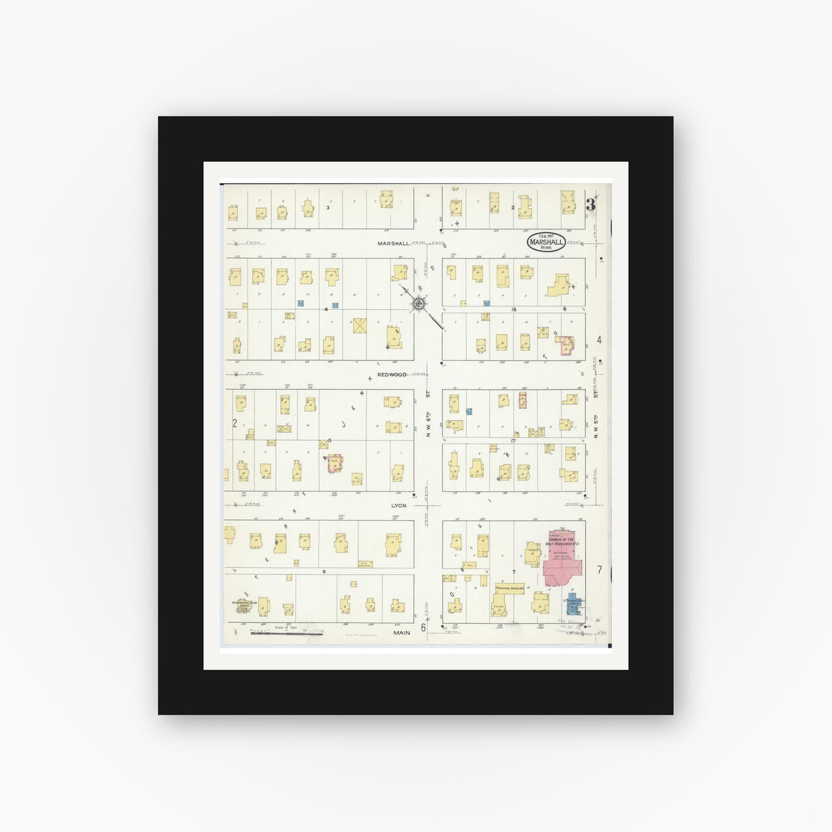 Old map wall art mockup — black gallery frame with white mat — Sanborn Fire Insurance Map from Marshall, Lyon County, Minnesota (1917), Sheet #0003