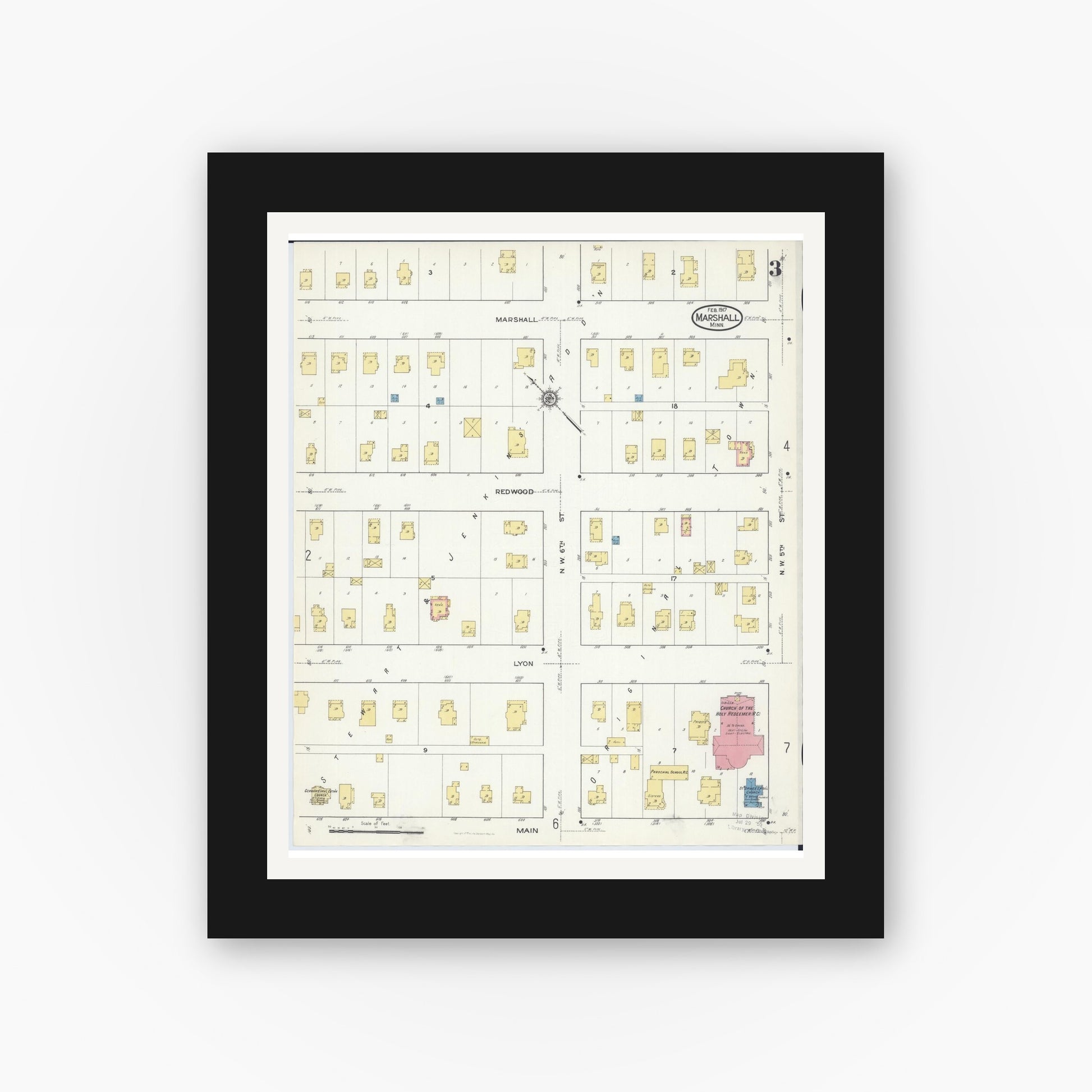 Old map wall art mockup — black gallery frame with white mat — Sanborn Fire Insurance Map from Marshall, Lyon County, Minnesota (1917), Sheet #0003