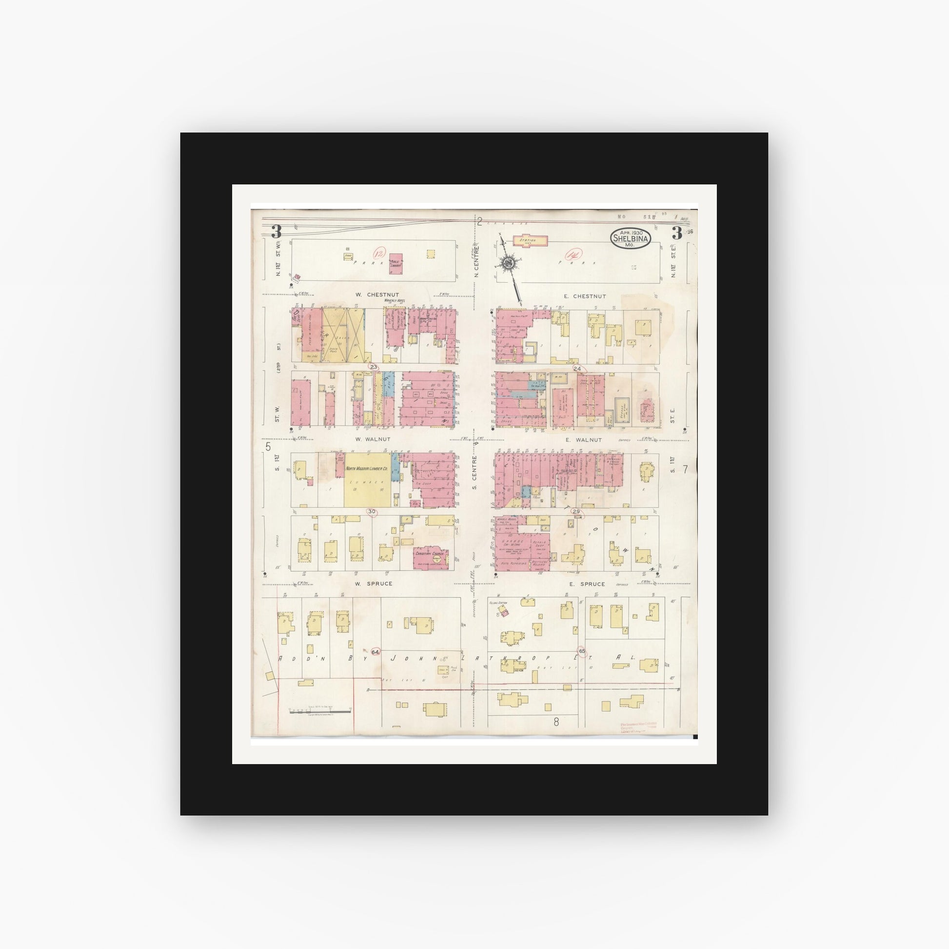 Old map wall art mockup — black gallery frame with white mat — Sanborn Fire Insurance Map from Shelbina, Shelby County, Missouri (1943), Sheet #0003