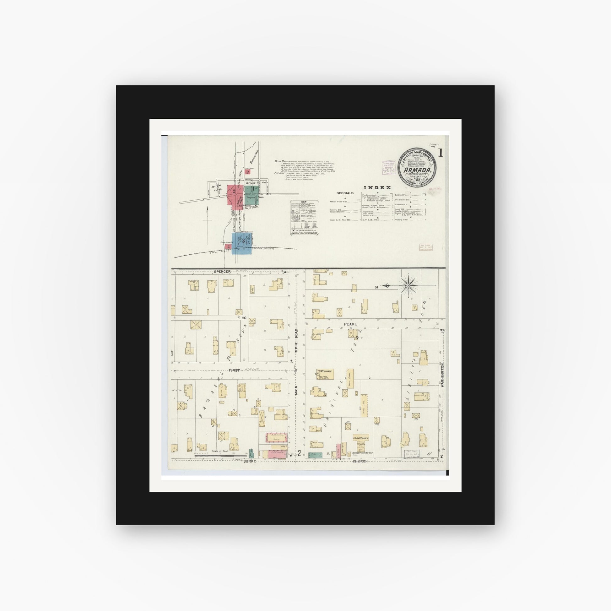 Old map wall art mockup — black gallery frame with white mat — Sanborn Fire Insurance Map from Armada, Macomb County, Michigan (1907) - Complete Map Set
