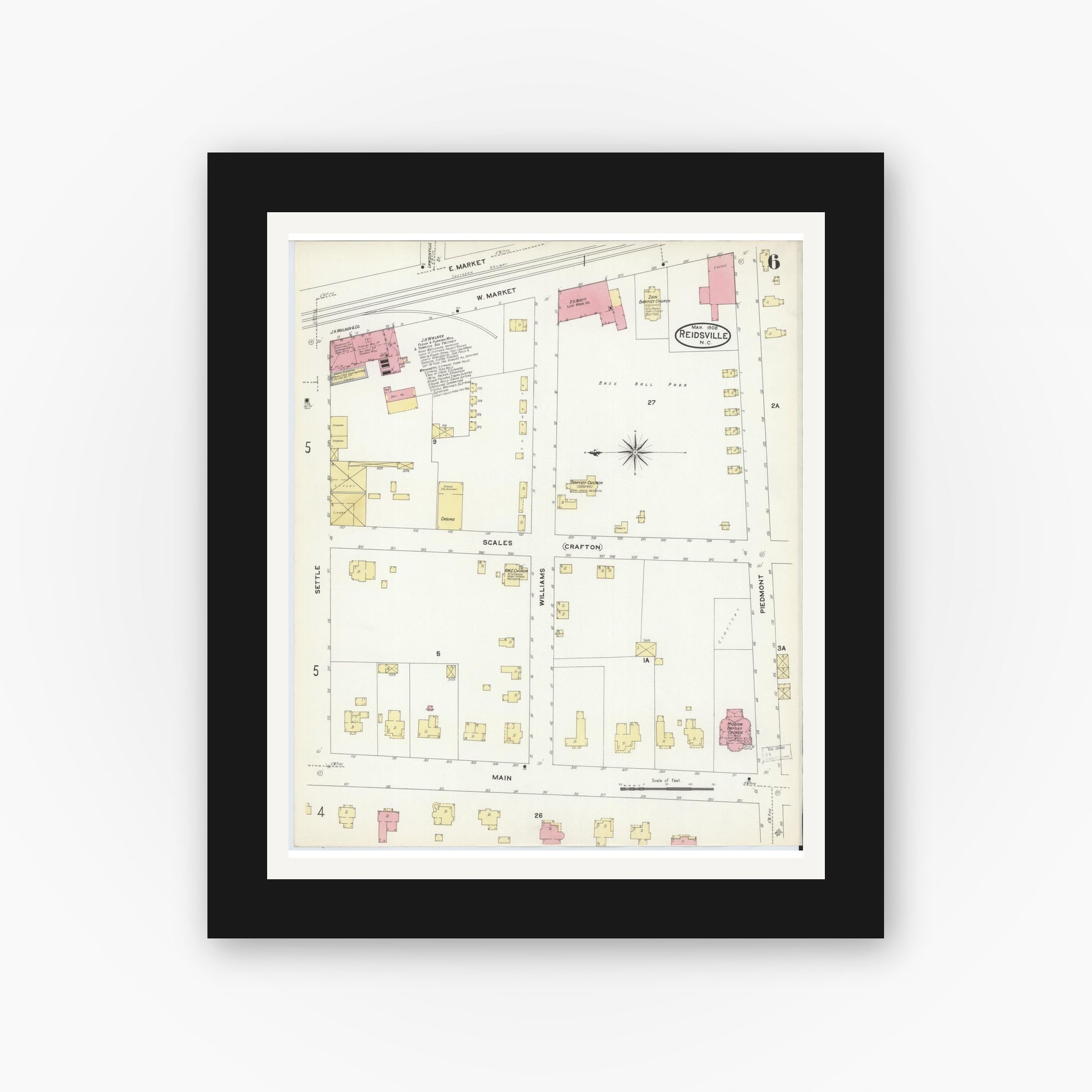 Old map wall art mockup — black gallery frame with white mat — Sanborn Fire Insurance Map from Reidsville, Rockingham County, North Carolina (1908), Sheet #0006