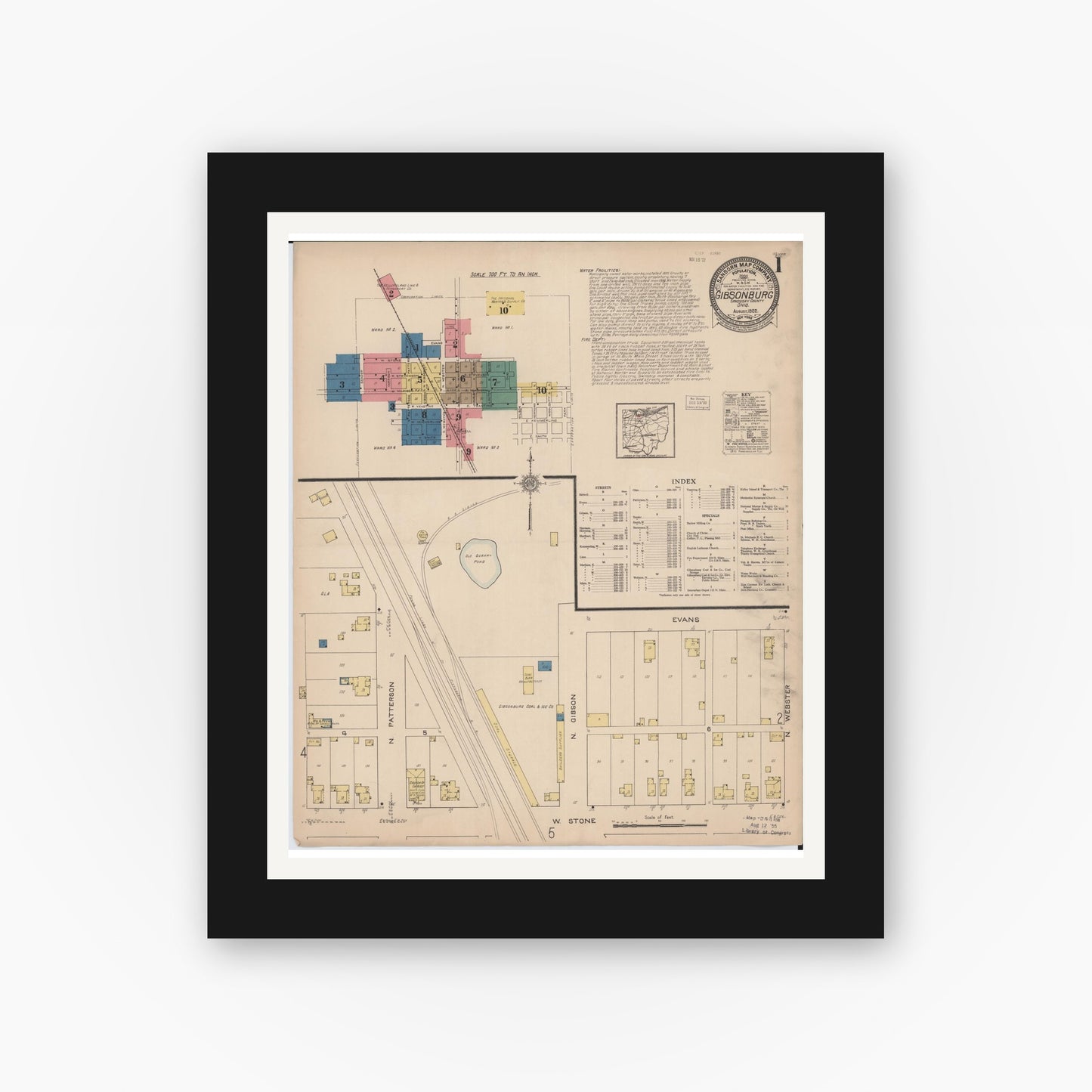 Old map wall art mockup — black gallery frame with white mat — Sanborn Fire Insurance Map from Gibsonburg, Sandusky County, Ohio (1922) - Complete Map Set