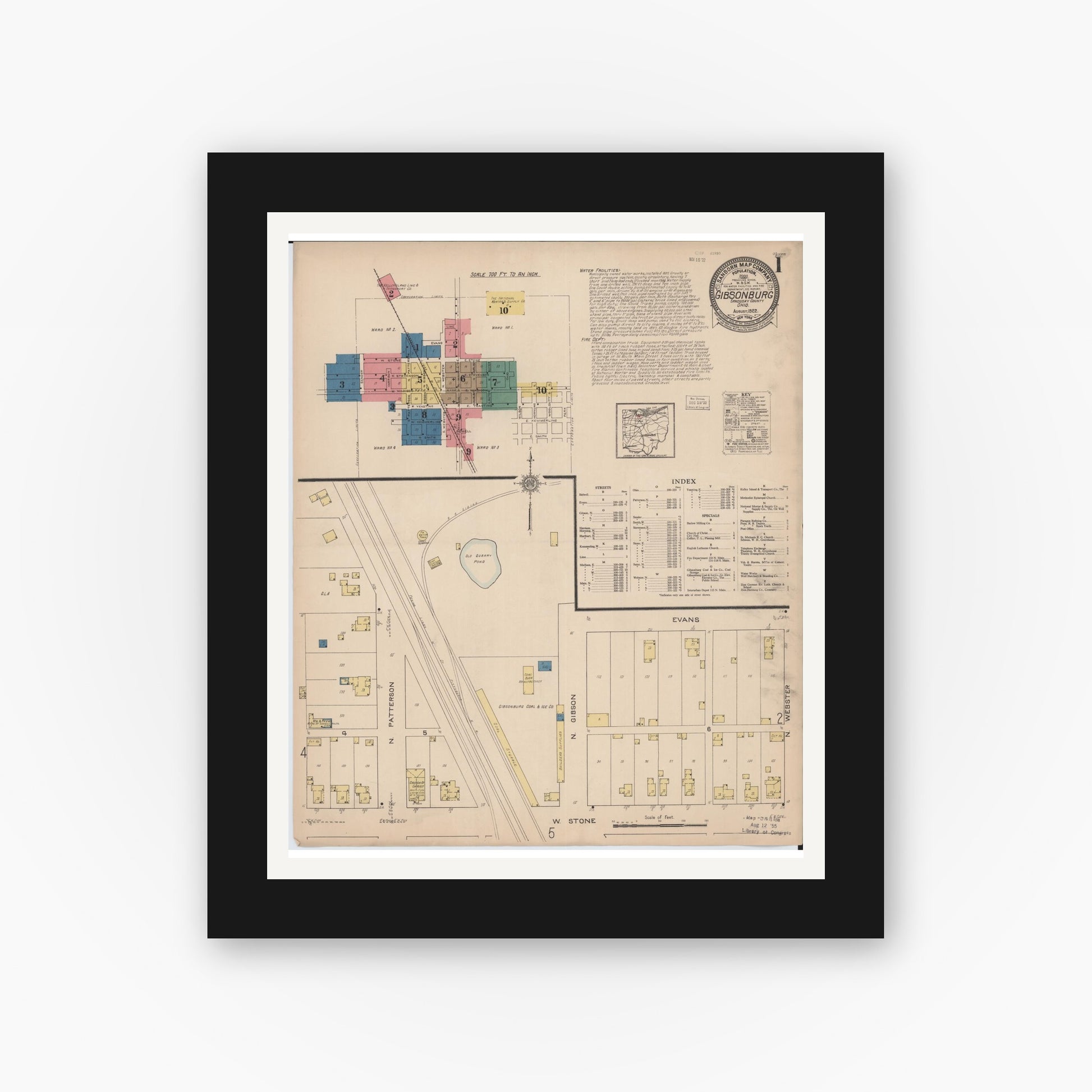 Old map wall art mockup — black gallery frame with white mat — Sanborn Fire Insurance Map from Gibsonburg, Sandusky County, Ohio (1922) - Complete Map Set