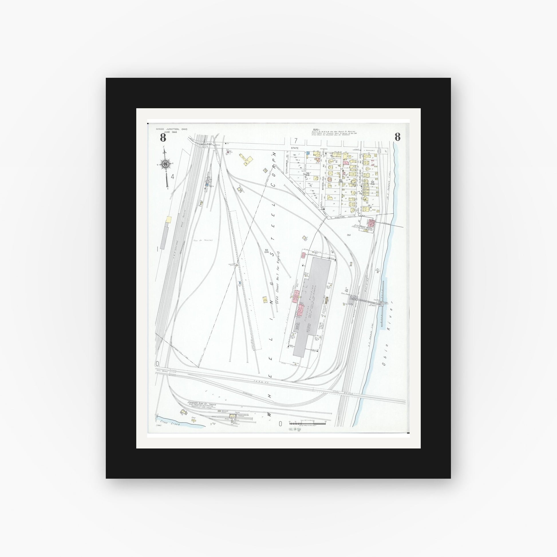 Old map wall art mockup — black gallery frame with white mat — Sanborn Fire Insurance Map from Mingo Junction, Jefferson County, Ohio (1946), Sheet #0008