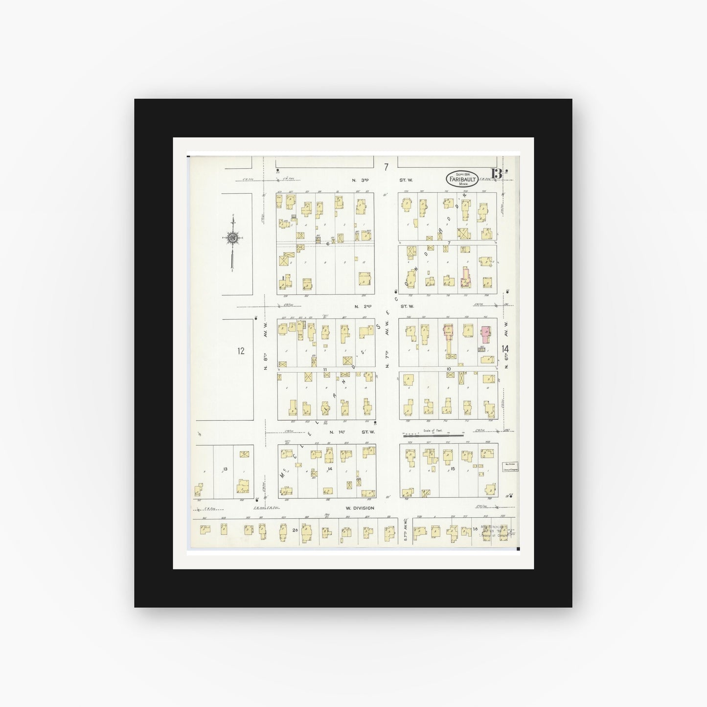 Old map wall art mockup — black gallery frame with white mat — Sanborn Fire Insurance Map from Faribault, Rice County, Minnesota (1914), Sheet #0013