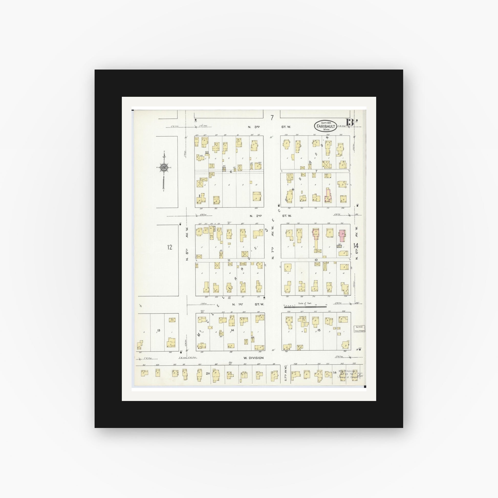 Old map wall art mockup — black gallery frame with white mat — Sanborn Fire Insurance Map from Faribault, Rice County, Minnesota (1914), Sheet #0013