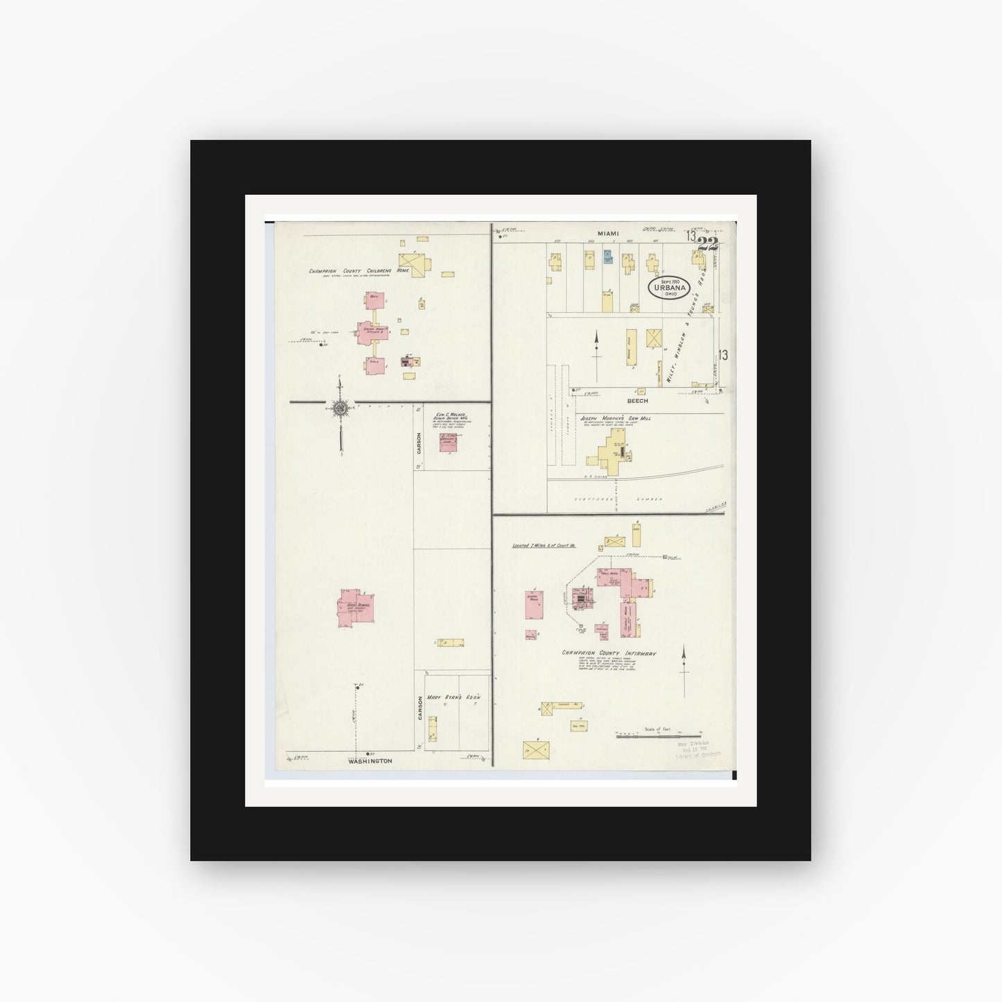 Old map wall art mockup — black gallery frame with white mat — Sanborn Fire Insurance Map from Urbana, Champaign County, Ohio (1910), Sheet #0022