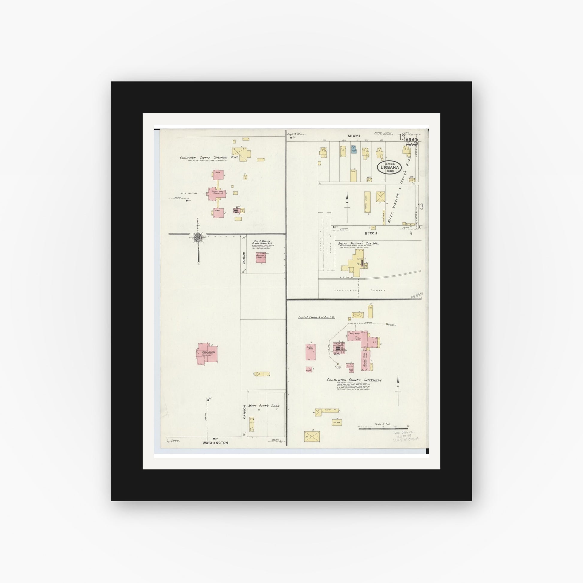 Old map wall art mockup — black gallery frame with white mat — Sanborn Fire Insurance Map from Urbana, Champaign County, Ohio (1910), Sheet #0022