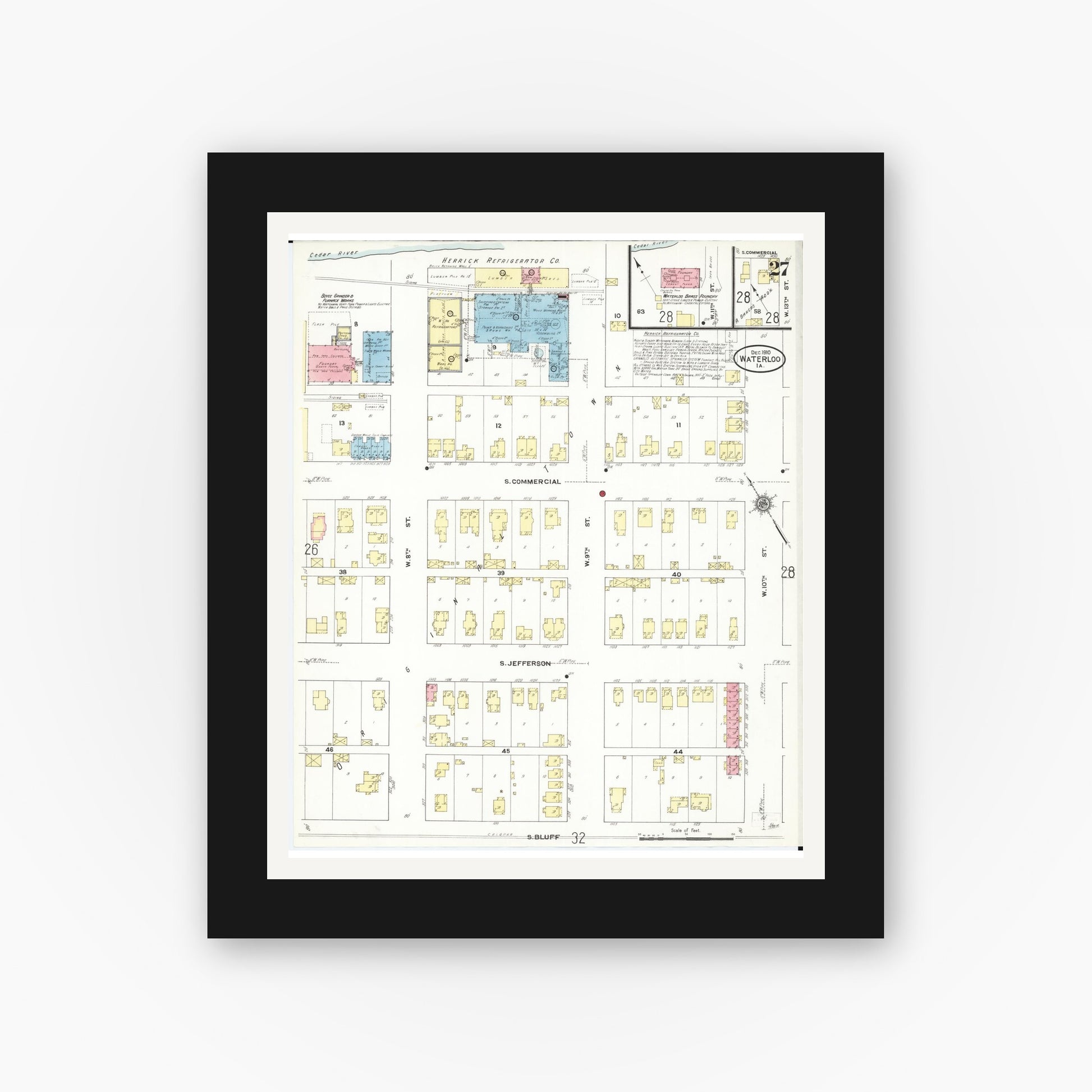 Old map wall art mockup — black gallery frame with white mat — Sanborn Fire Insurance Map from Waterloo, Black Hawk County, Iowa (1910), Sheet #0027
