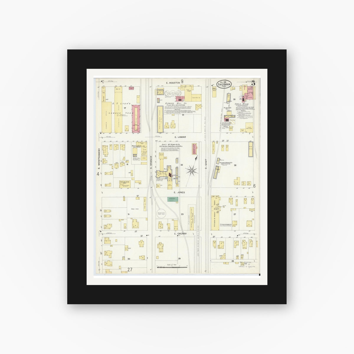 Old map wall art mockup — black gallery frame with white mat — Sanborn Fire Insurance Map from Sherman, Grayson County, Texas (1908), Sheet #0005