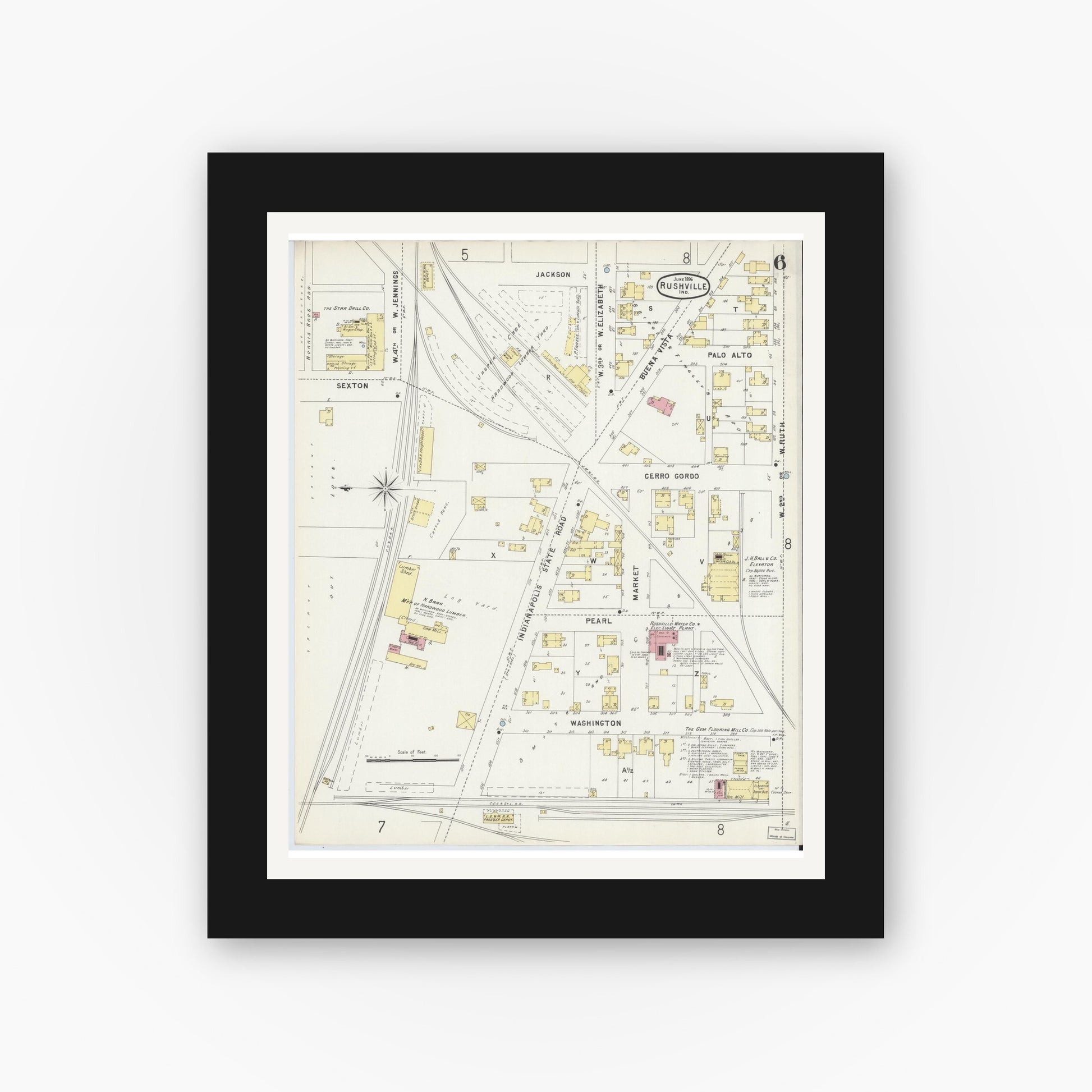 Old map wall art mockup — black gallery frame with white mat — Sanborn Fire Insurance Map from Rushville, Rush County, Indiana (1896), Sheet #0006