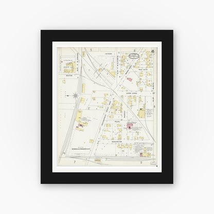 Old map wall art mockup — black gallery frame with white mat — Sanborn Fire Insurance Map from Rushville, Rush County, Indiana (1896), Sheet #0006