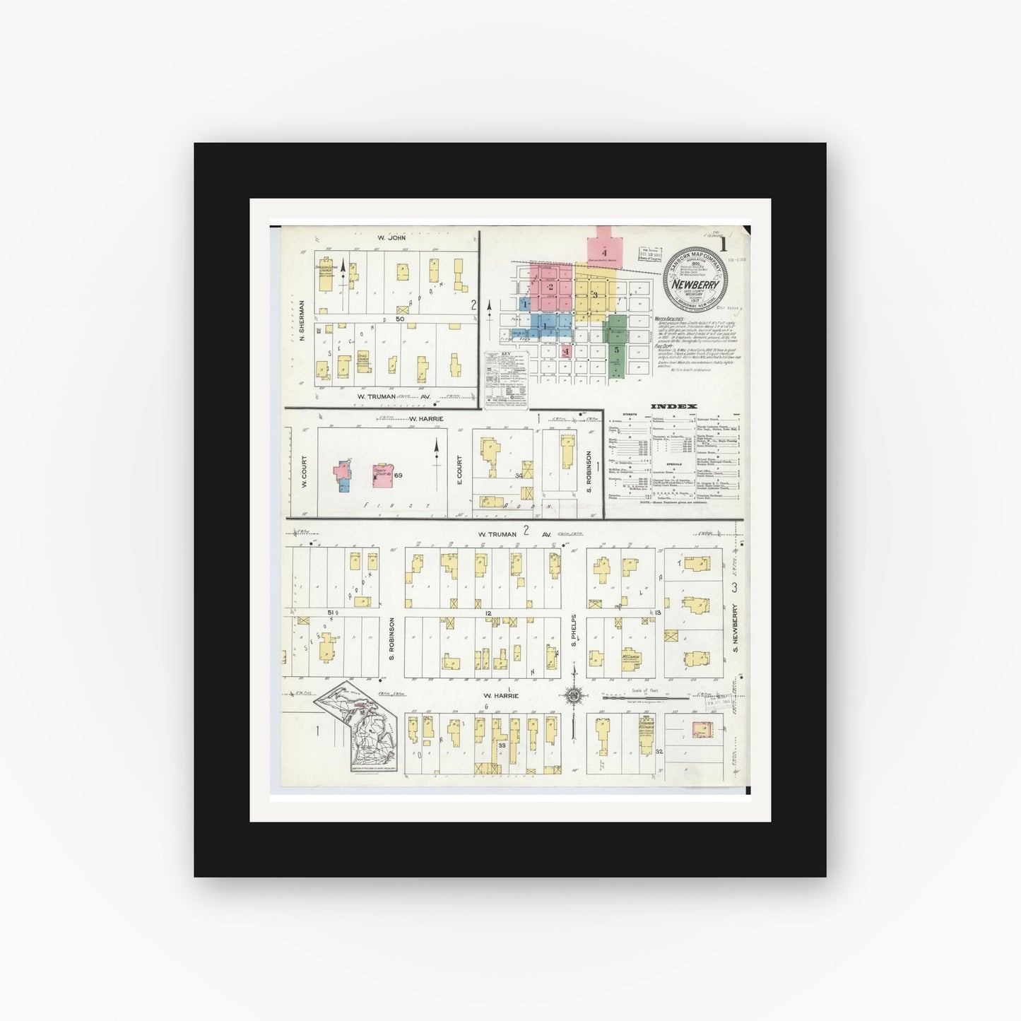 Old map wall art mockup — black gallery frame with white mat — Sanborn Fire Insurance Map from Newberry, Luce County, Michigan (1917) - Complete Map Set