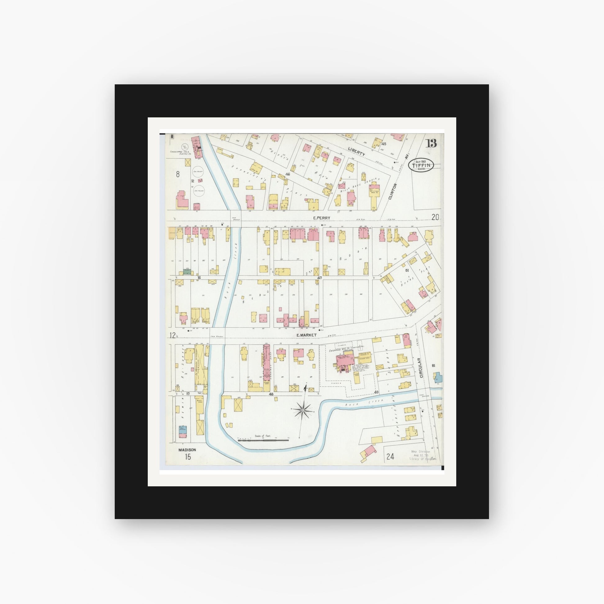 Old map wall art mockup — black gallery frame with white mat — Sanborn Fire Insurance Map from Tiffin, Seneca County, Ohio (1901), Sheet #0013