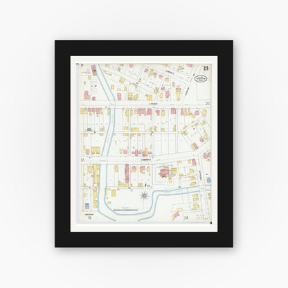 Old map wall art mockup — black gallery frame with white mat — Sanborn Fire Insurance Map from Tiffin, Seneca County, Ohio (1901), Sheet #0013