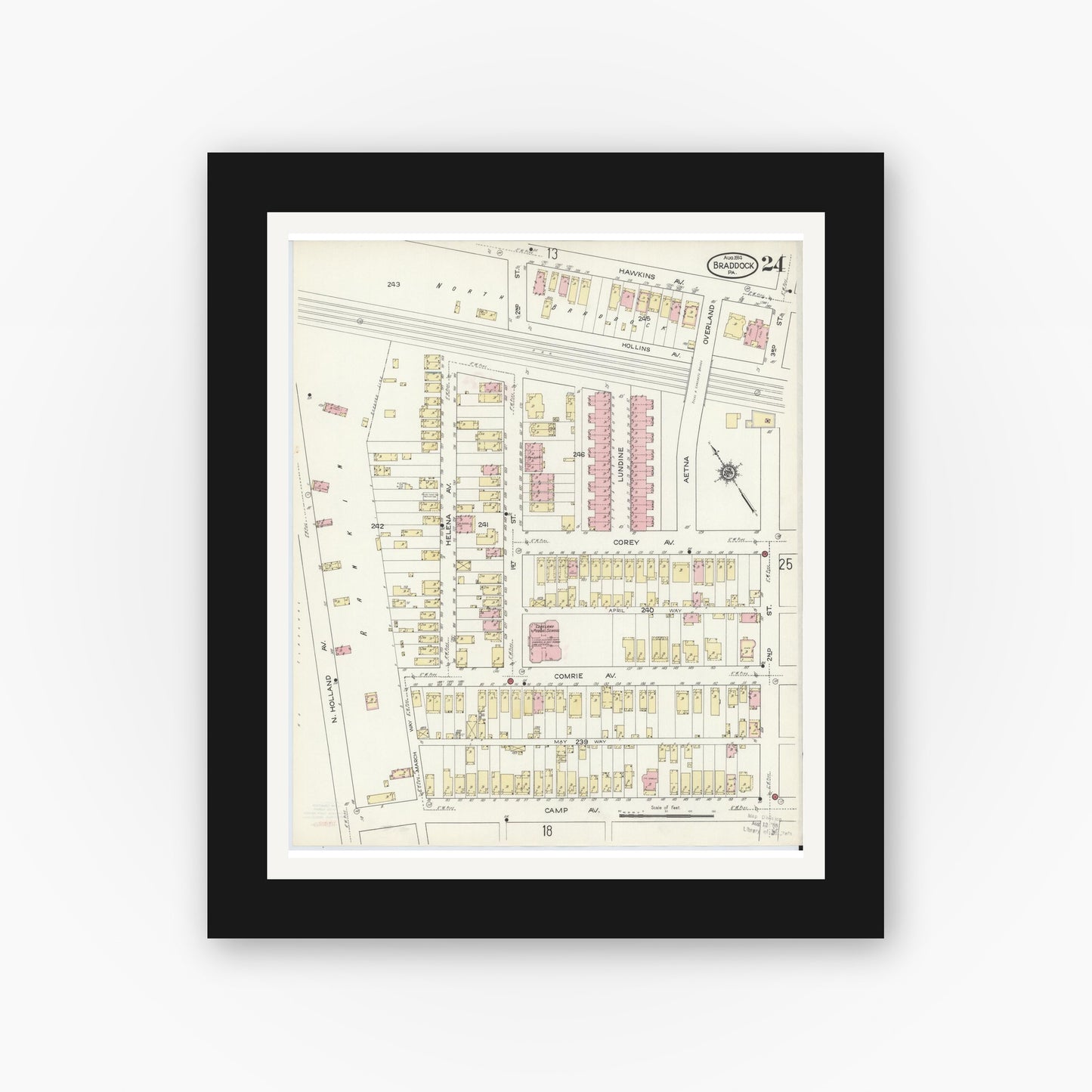 Old map wall art mockup — black gallery frame with white mat — Sanborn Fire Insurance Map from Braddock, Allegheny County, Pennsylvania (1914), Sheet #0024