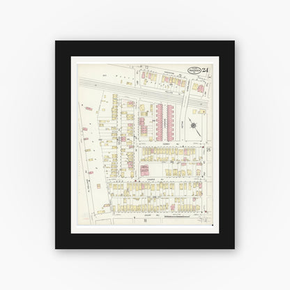 Old map wall art mockup — black gallery frame with white mat — Sanborn Fire Insurance Map from Braddock, Allegheny County, Pennsylvania (1914), Sheet #0024