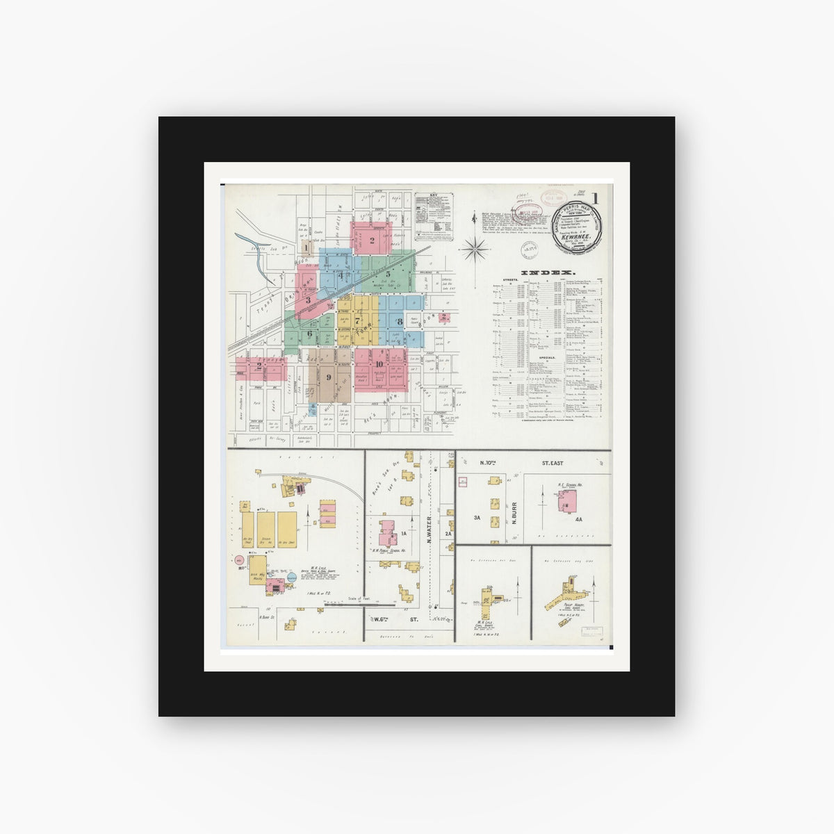 Old map wall art mockup — black gallery frame with white mat — Sanborn Fire Insurance Map from Kewanee, Henry County, Illinois (1899) - Complete Map Set