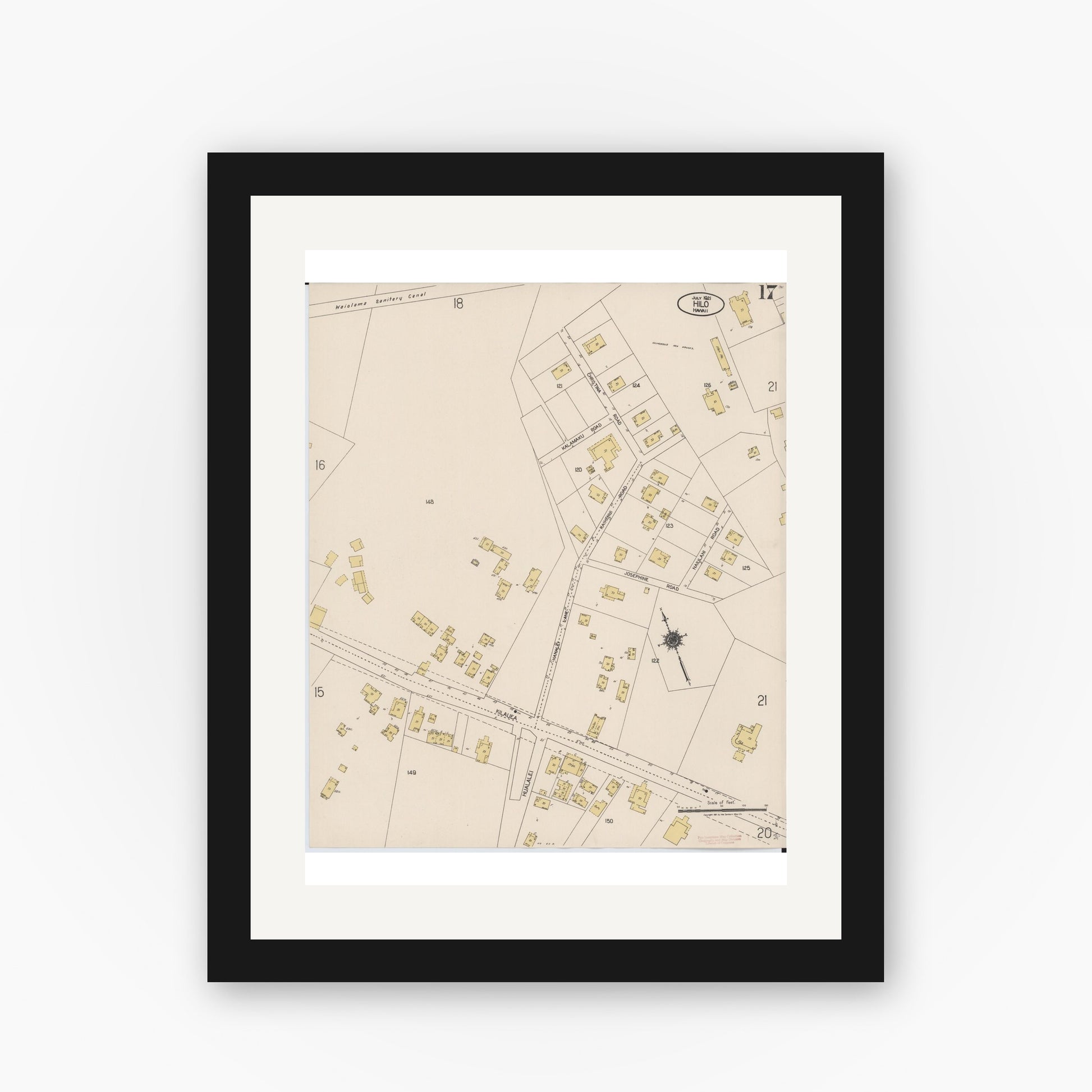 Old map wall art mockup — black gallery frame with white mat — Sanborn Fire Insurance Map from Hilo, Hawaii County, Hawaii (1921), Sheet #0017