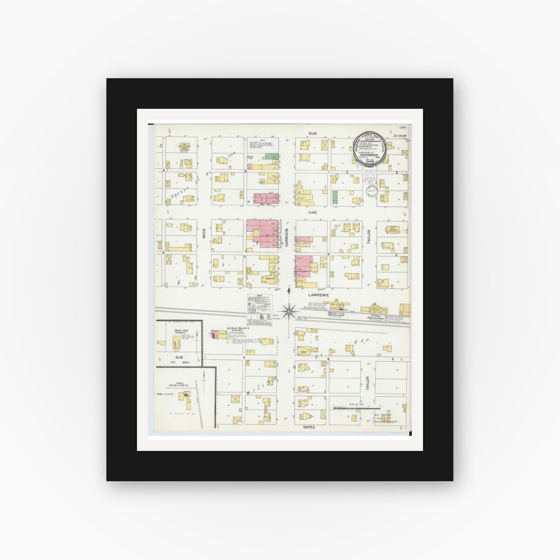 Old map wall art mockup — black gallery frame with white mat — Sanborn Fire Insurance Map from Sherwood, Defiance County, Ohio (1901), Sheet #0001