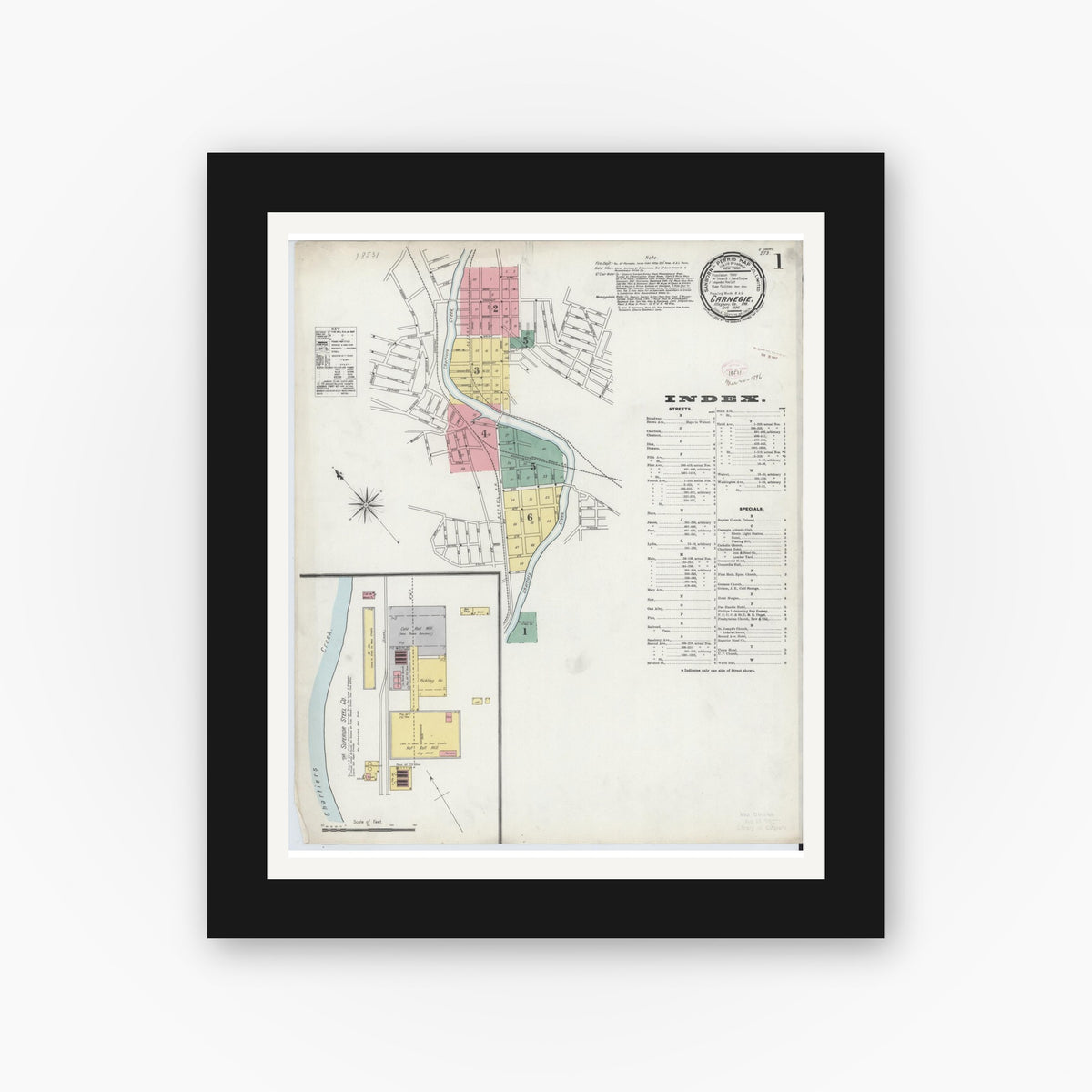 Old map wall art mockup — black gallery frame with white mat — Sanborn Fire Insurance Map from Carnegie, Allegheny County, Pennsylvania (1896) - Complete Map Set
