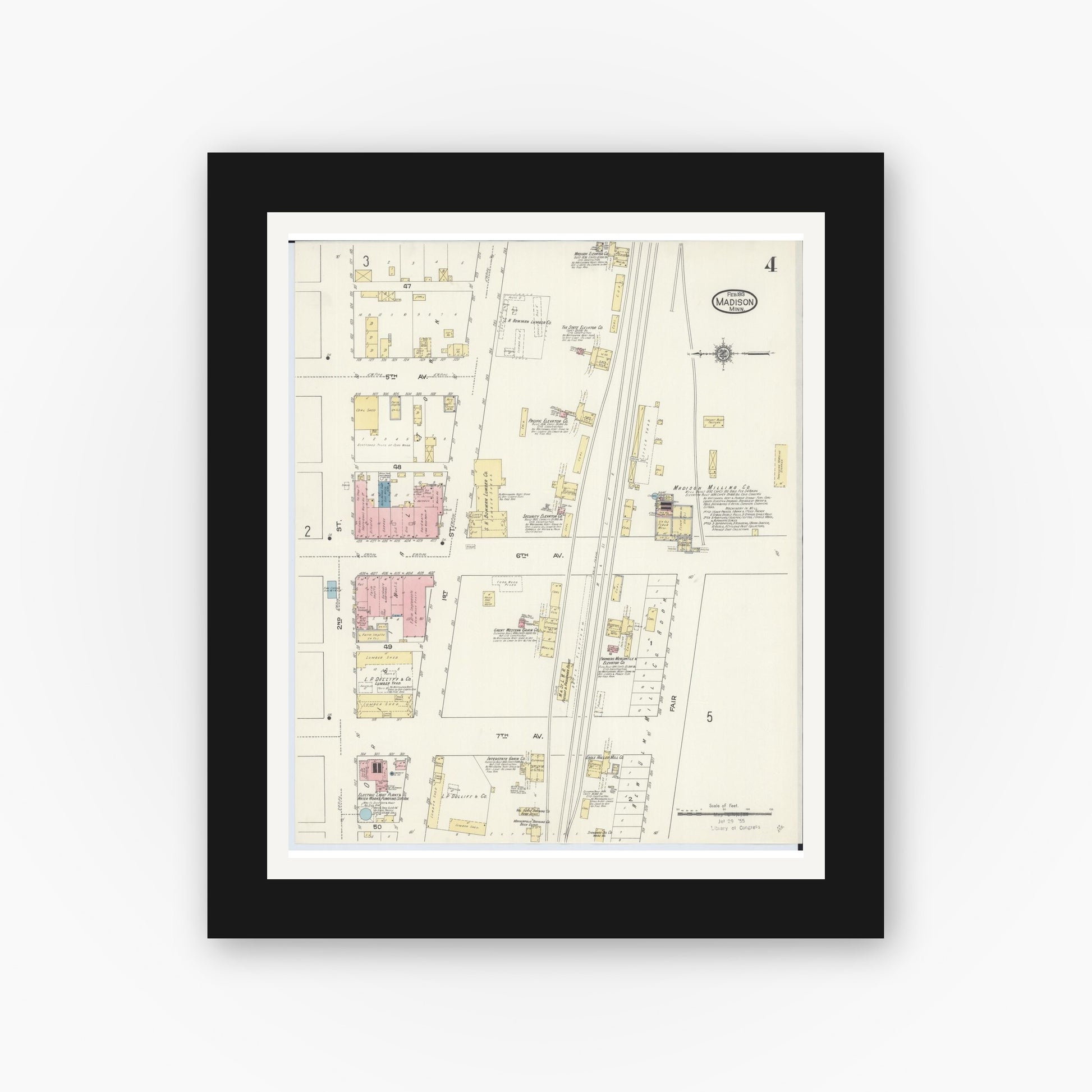 Old map wall art mockup — black gallery frame with white mat — Sanborn Fire Insurance Map from Madison, Lac Qui Parle County, Minnesota (1913), Sheet #0004