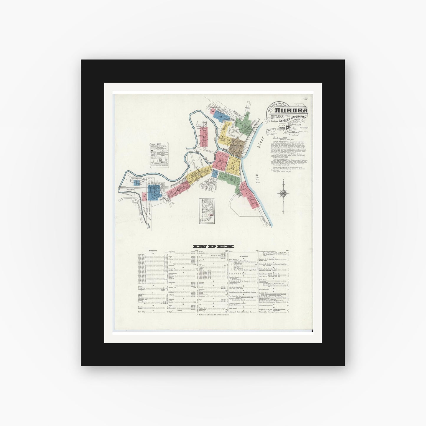 Old map wall art mockup — black gallery frame with white mat — Sanborn Fire Insurance Map from Aurora, Dearborn County, Indiana (1917), Sheet #0001