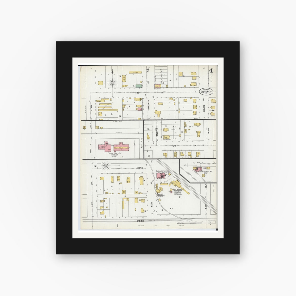 Old map wall art mockup — black gallery frame with white mat — Sanborn Fire Insurance Map from Gibson City, Ford County, Illinois (1900), Sheet #0004