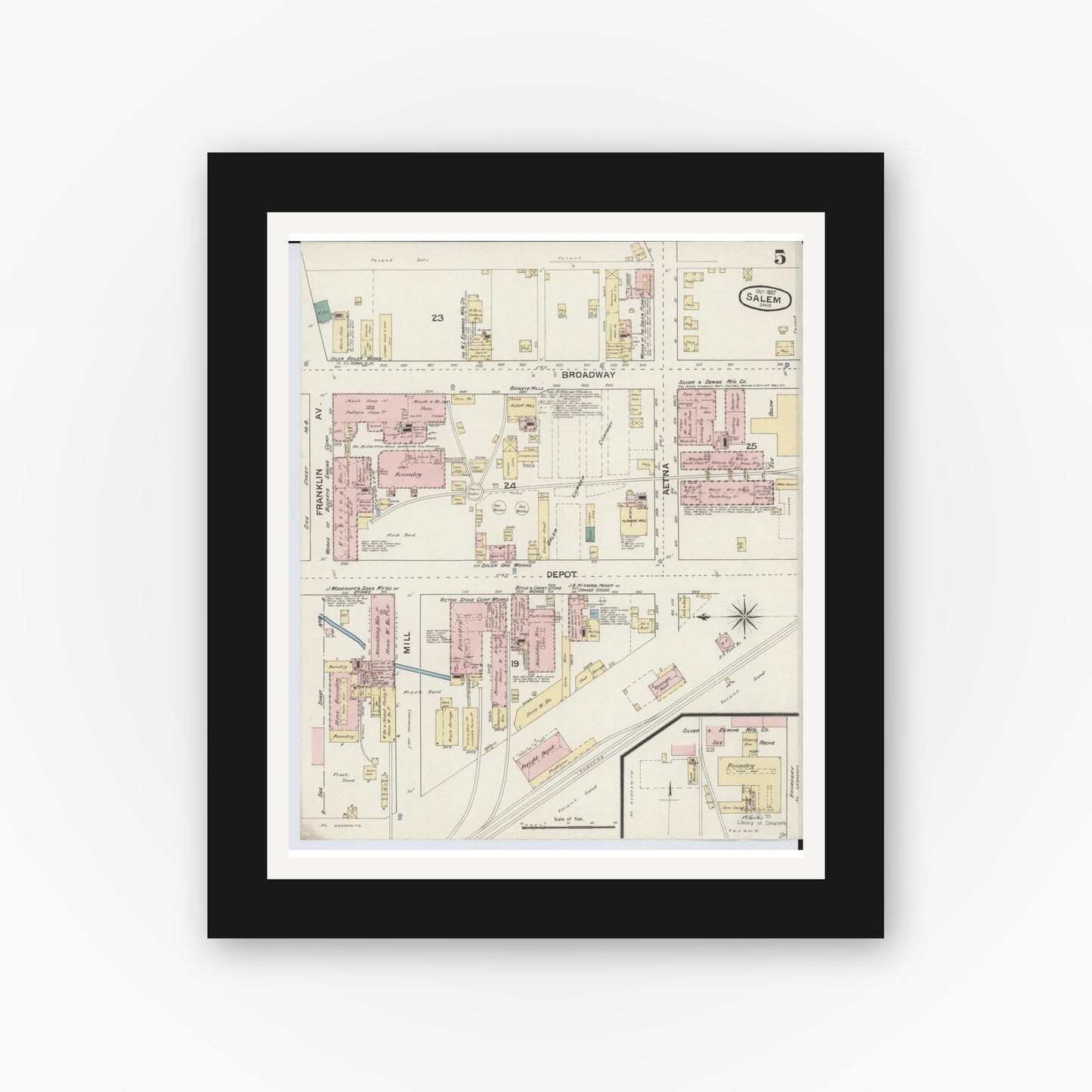 Old map wall art mockup — black gallery frame with white mat — Sanborn Fire Insurance Map from Salem, Columbiana County, Ohio (1887), Sheet #0005