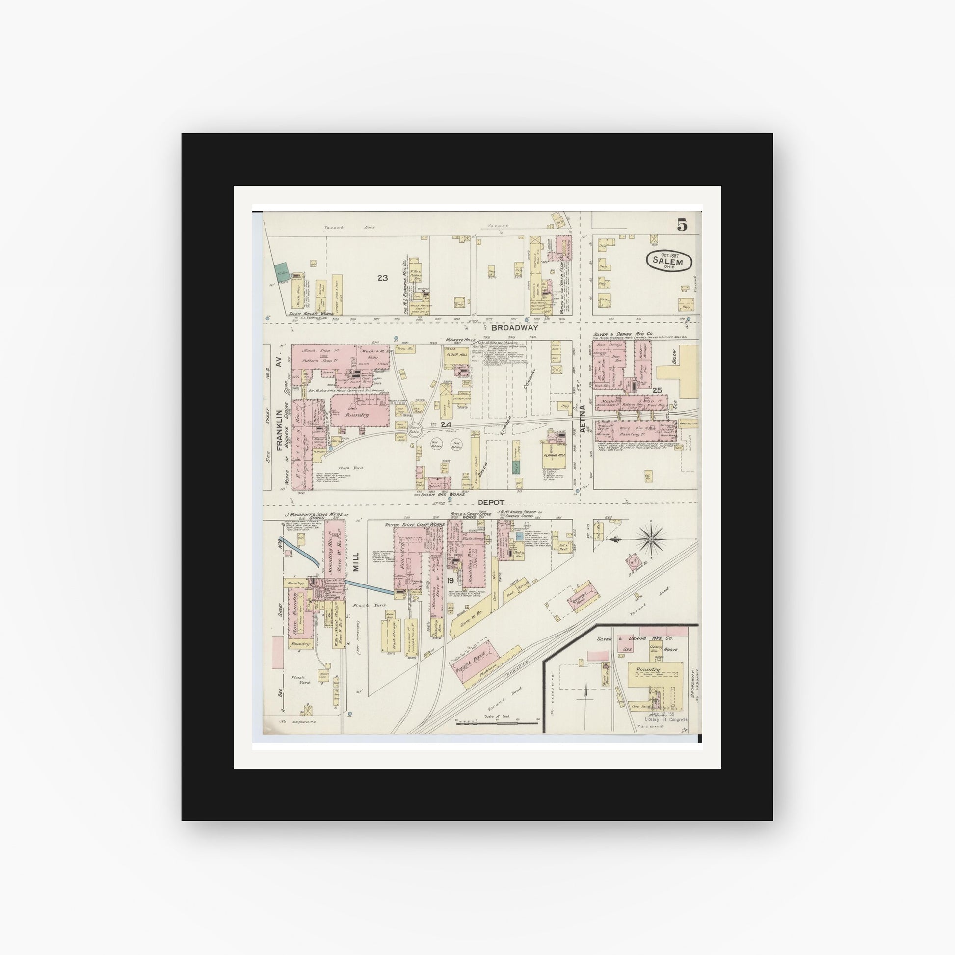 Old map wall art mockup — black gallery frame with white mat — Sanborn Fire Insurance Map from Salem, Columbiana County, Ohio (1887), Sheet #0005