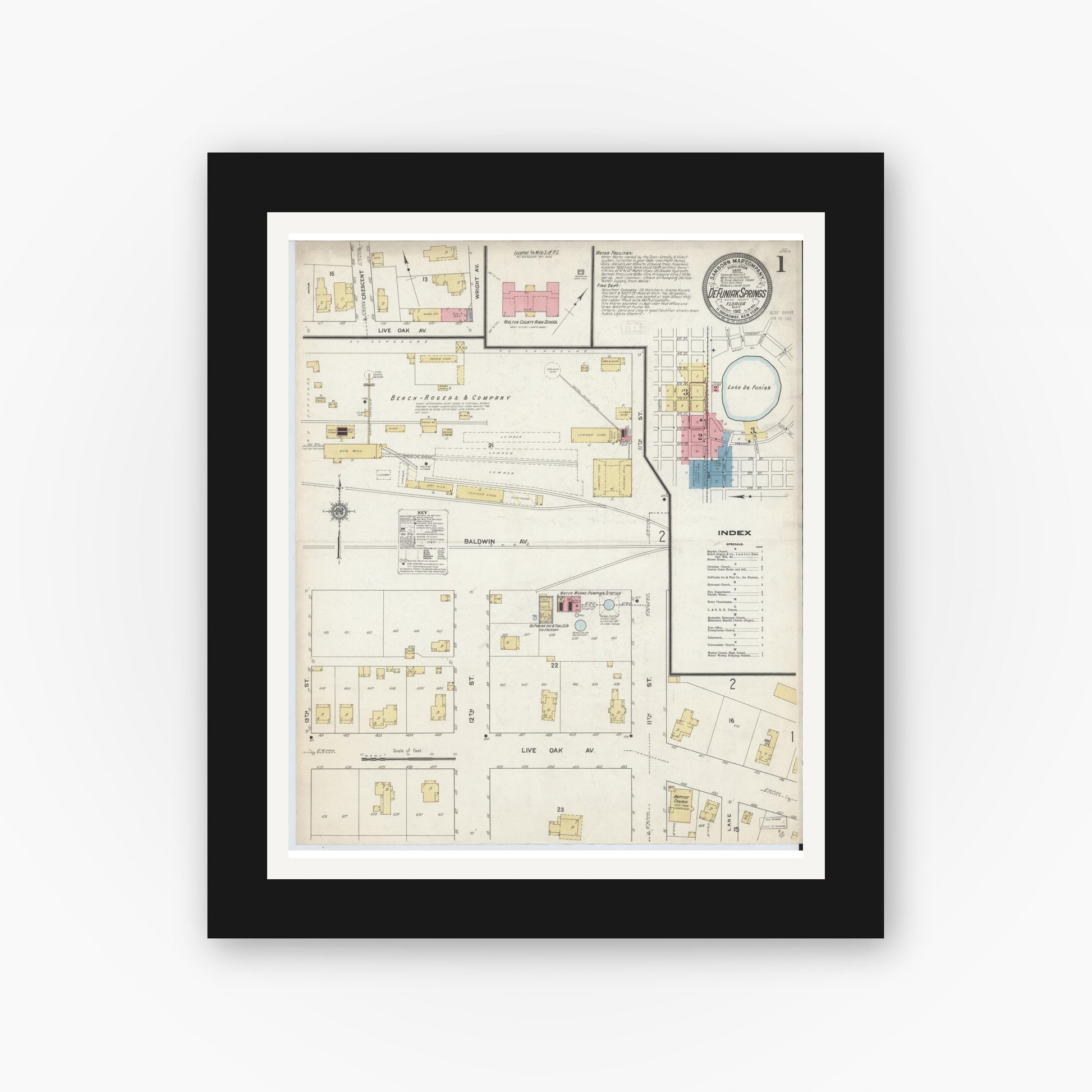 Old map wall art mockup — black gallery frame with white mat — Sanborn Fire Insurance Map from De Funiak Springs, Walton County, Florida (1912), Sheet #0001