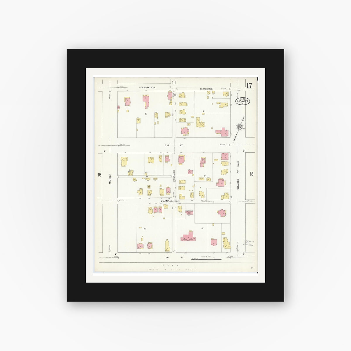 Old map wall art mockup — black gallery frame with white mat — Sanborn Fire Insurance Map from Beaver, Beaver County, Pennsylvania (1912), Sheet #0017