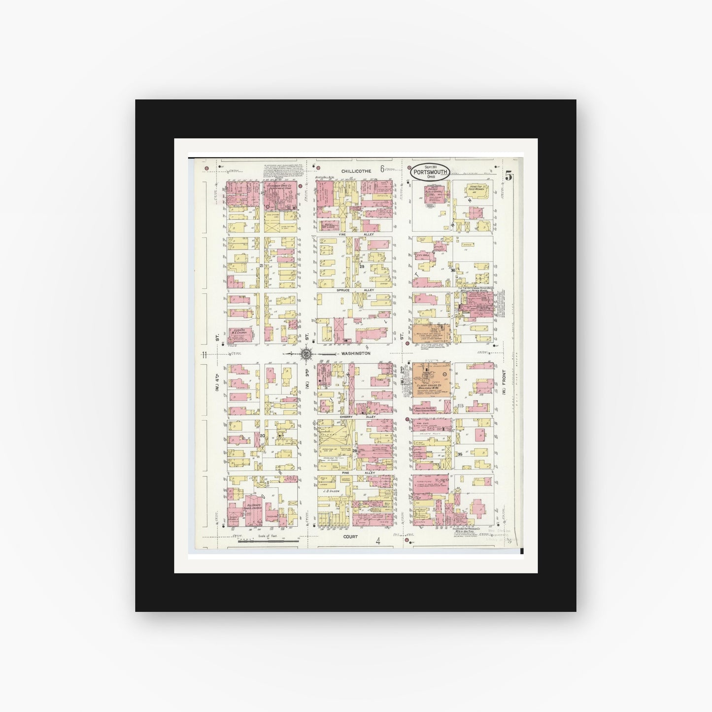 Old map wall art mockup — black gallery frame with white mat — Sanborn Fire Insurance Map from Portsmouth, Scioto County, Ohio (1911), Sheet #0005