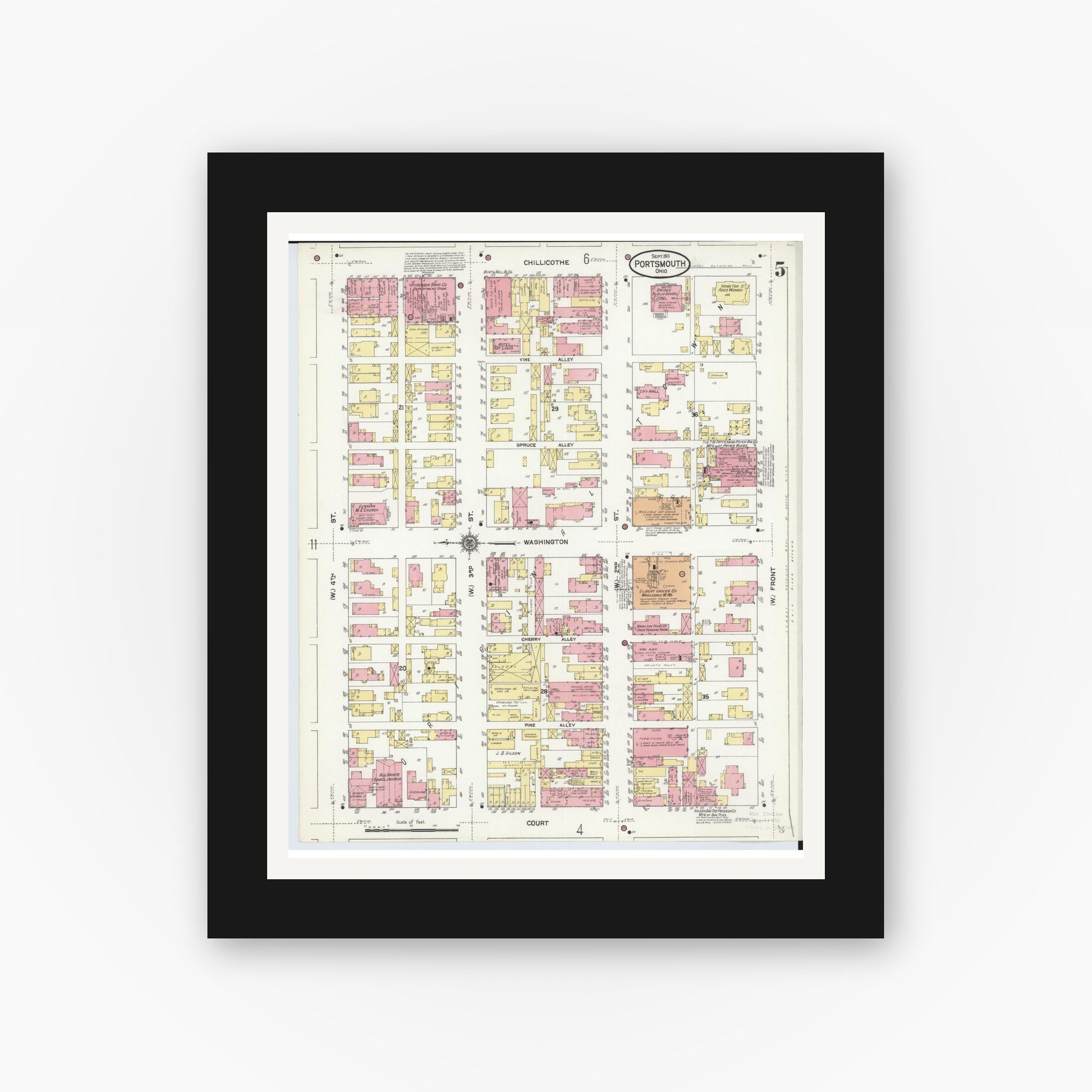 Old map wall art mockup — black gallery frame with white mat — Sanborn Fire Insurance Map from Portsmouth, Scioto County, Ohio (1911), Sheet #0005