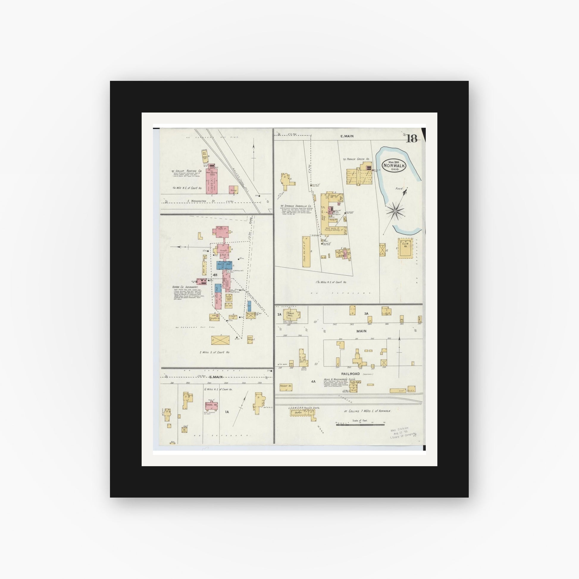 Old map wall art mockup — black gallery frame with white mat — Sanborn Fire Insurance Map from Norwalk, Huron County, Ohio (1906), Sheet #0018