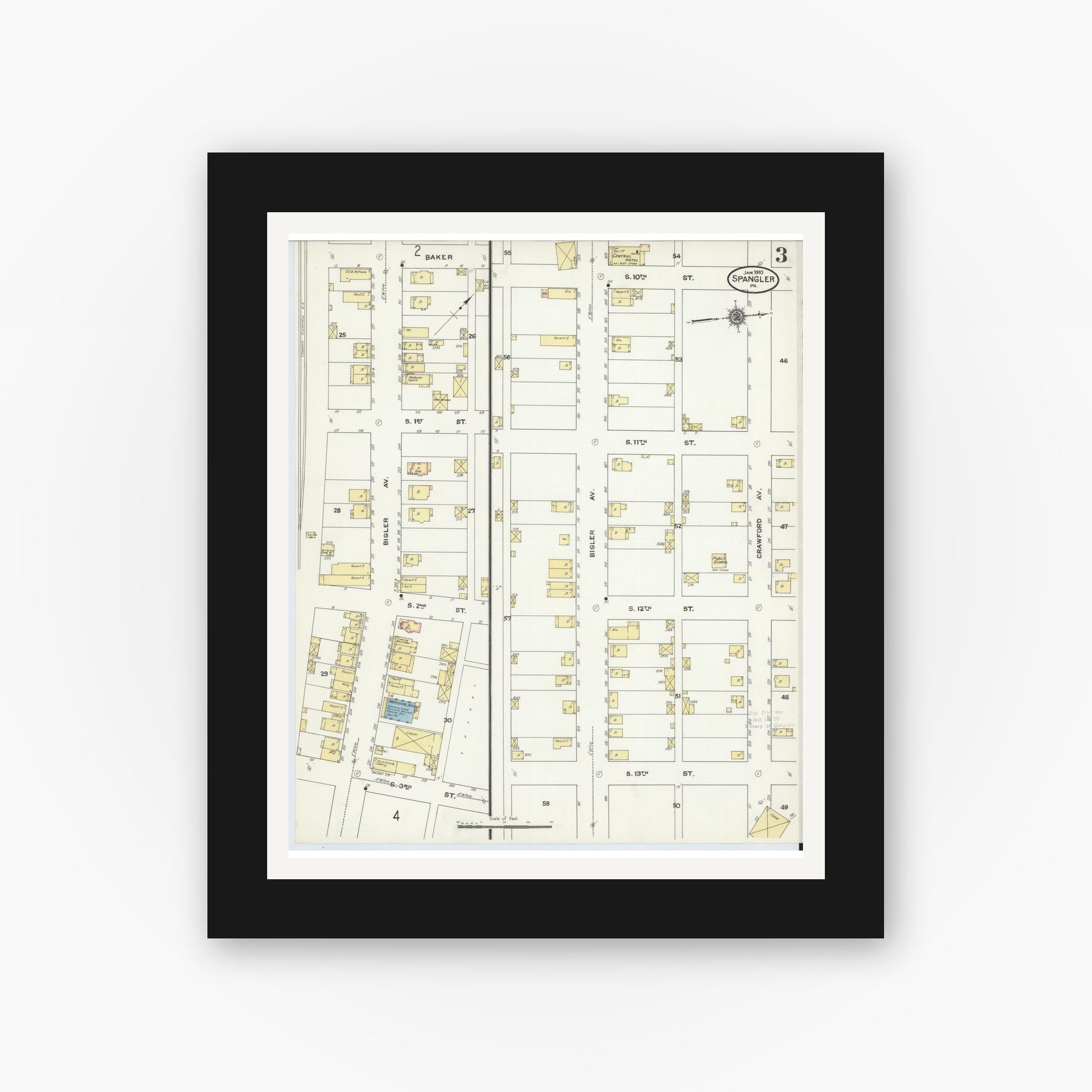 Old map wall art mockup — black gallery frame with white mat — Sanborn Fire Insurance Map from Spangler, Cambria County, Pennsylvania (1910), Sheet #0003