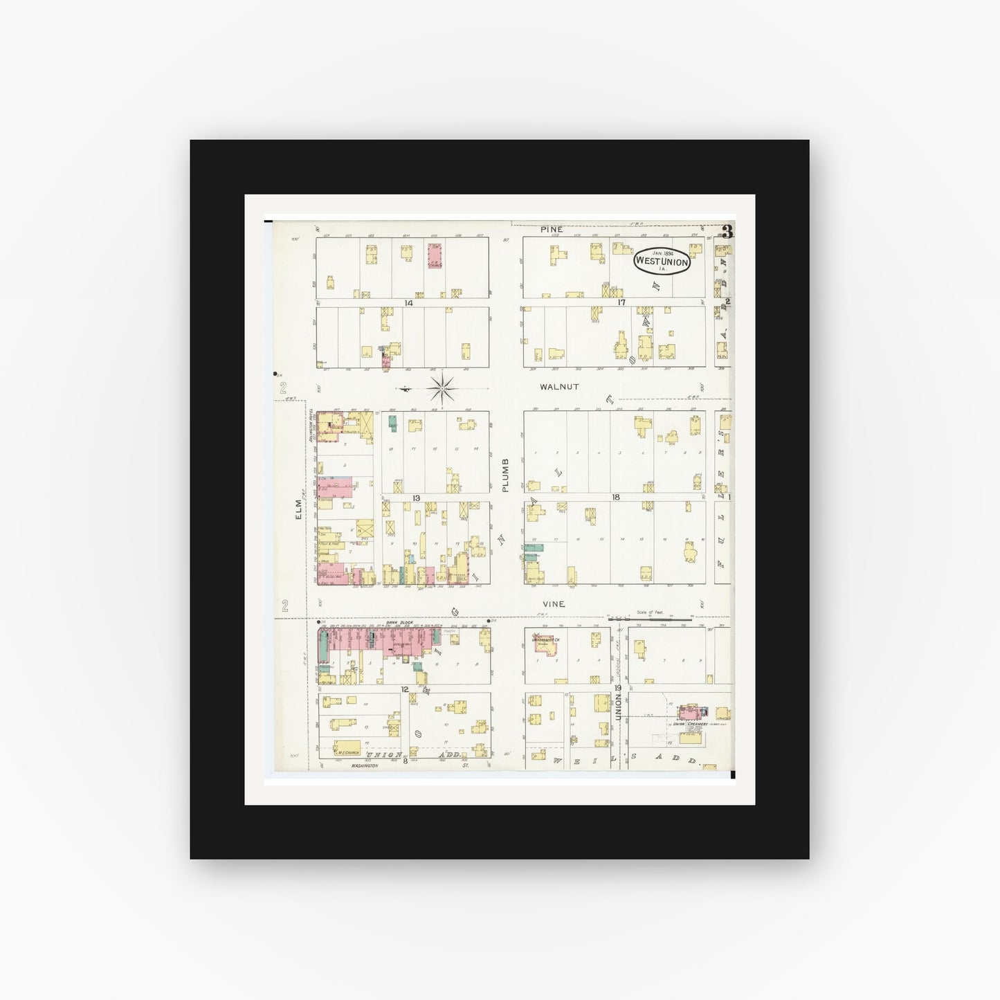 Old map wall art mockup — black gallery frame with white mat — Sanborn Fire Insurance Map from West Union, Fayette County, Iowa (1894), Sheet #0003
